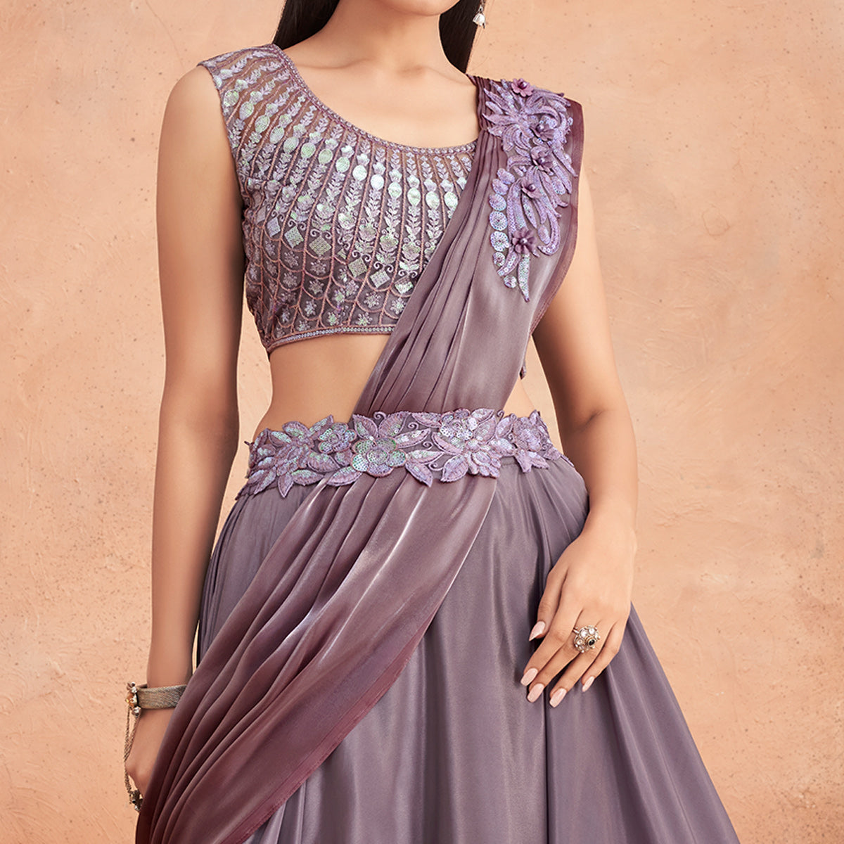 Peachmode Seller Mauve Sequins Embroidered Ready To Wear Satin Silk Saree - view 2
