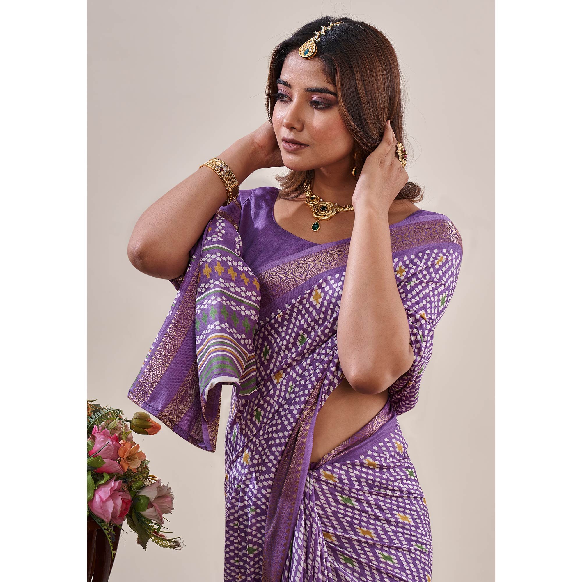 Peachmode Lavender Ikkat Printed With Jacquard Border Cotton Silk Saree - view 6
