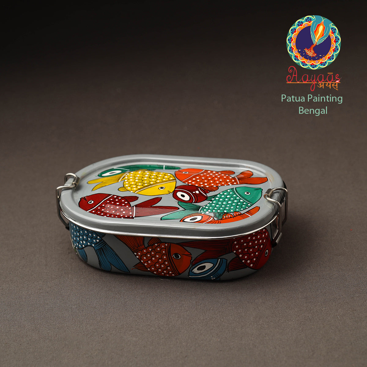 AAYAAS Bengal Patua Handpainted Stainless Steel Rectangle Lunch Box (6 x 4 in)