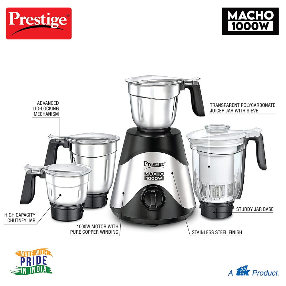 Prestige Macho 1000 Watts Pure Copper Motor Mixer Grinder with 4 Jars | Silver & Black - view 2