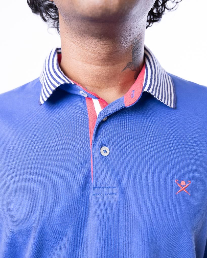 Hackett London Polo Blue Shirt With Striped Collar In Navy/White - view 2