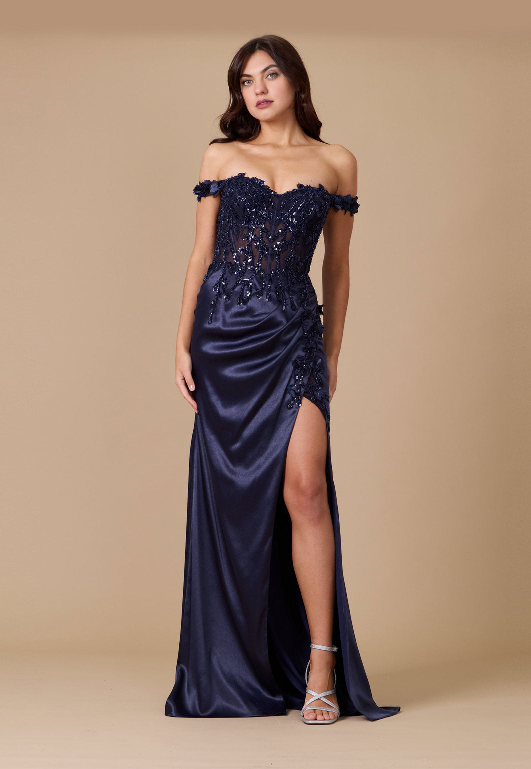 Dylan & Davids Fitted Corset Off the Shoulder Formal Prom Dress Navy