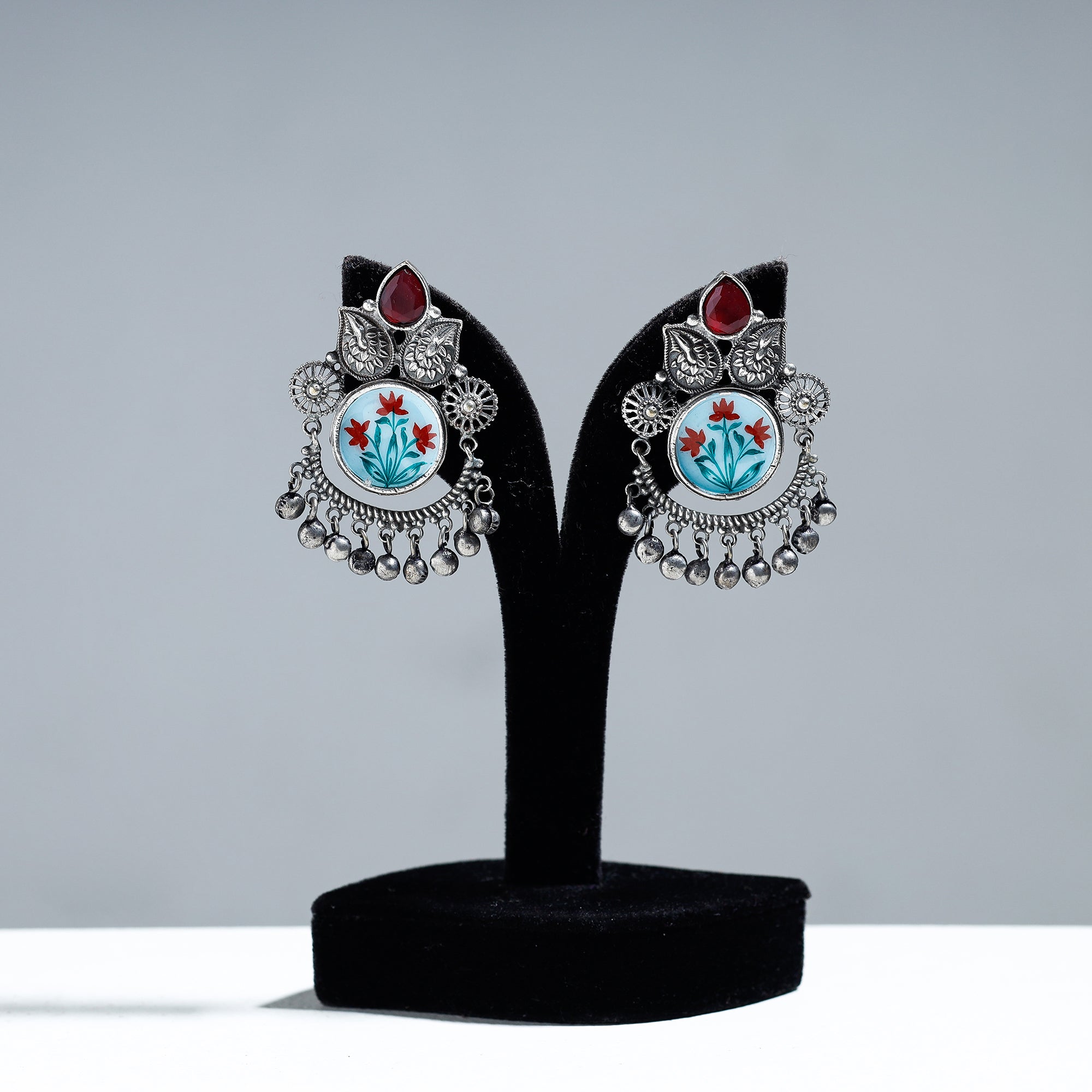 WHITE RIVER STORIES Antique Silver Finish Oxidised Brass Base Enamel & Stone Work Earrings