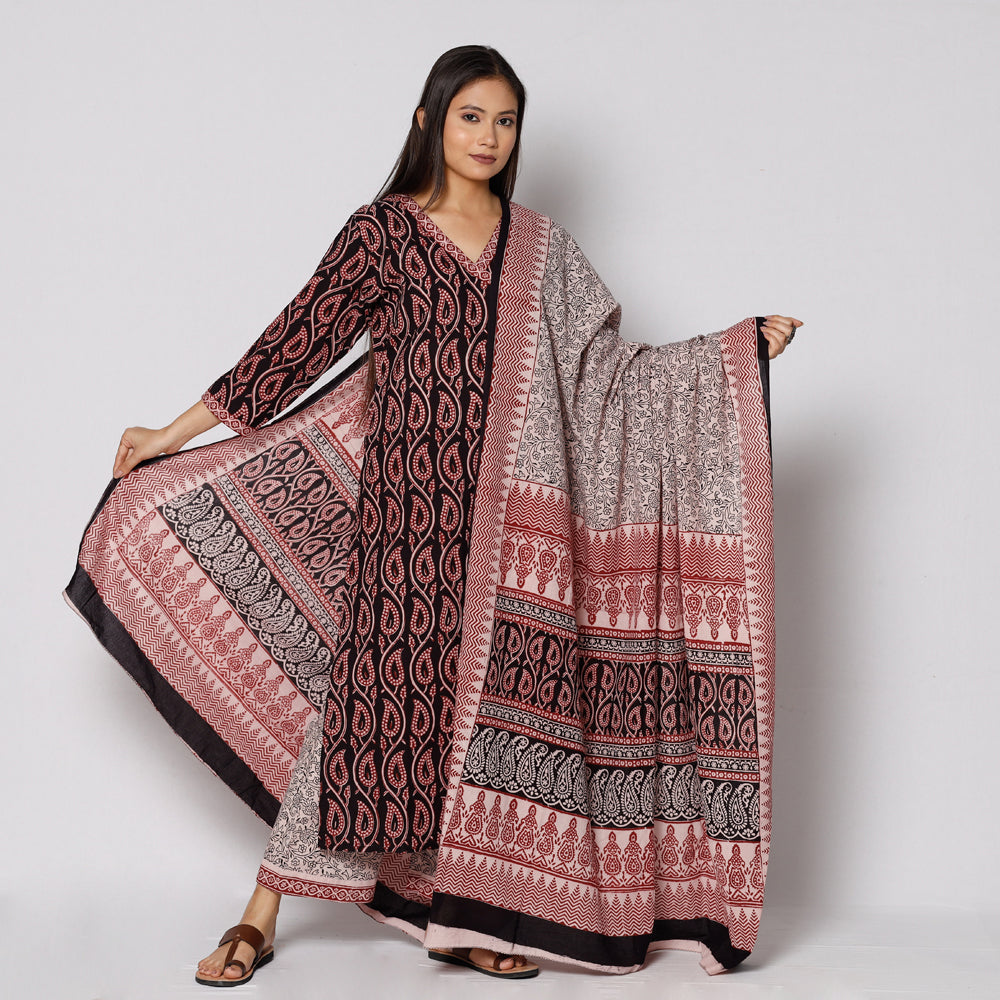 ITOKRI CASUALS Black - Bagh Block Printing Cotton Kurta with Palazzo & Dupatta Set