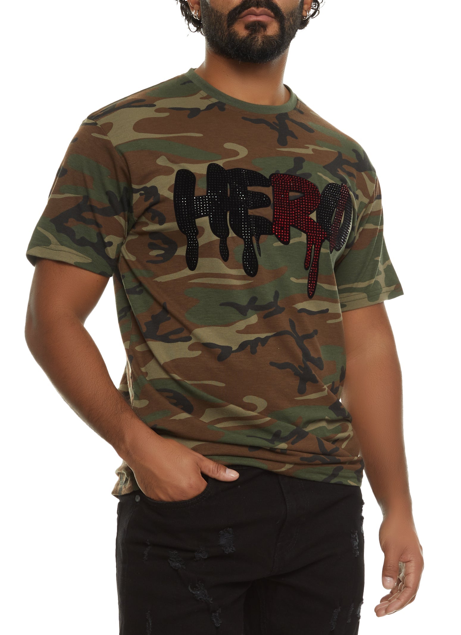 Rainbow Shops Mens Hero Rhinestone Patch Graphic Camo Tee