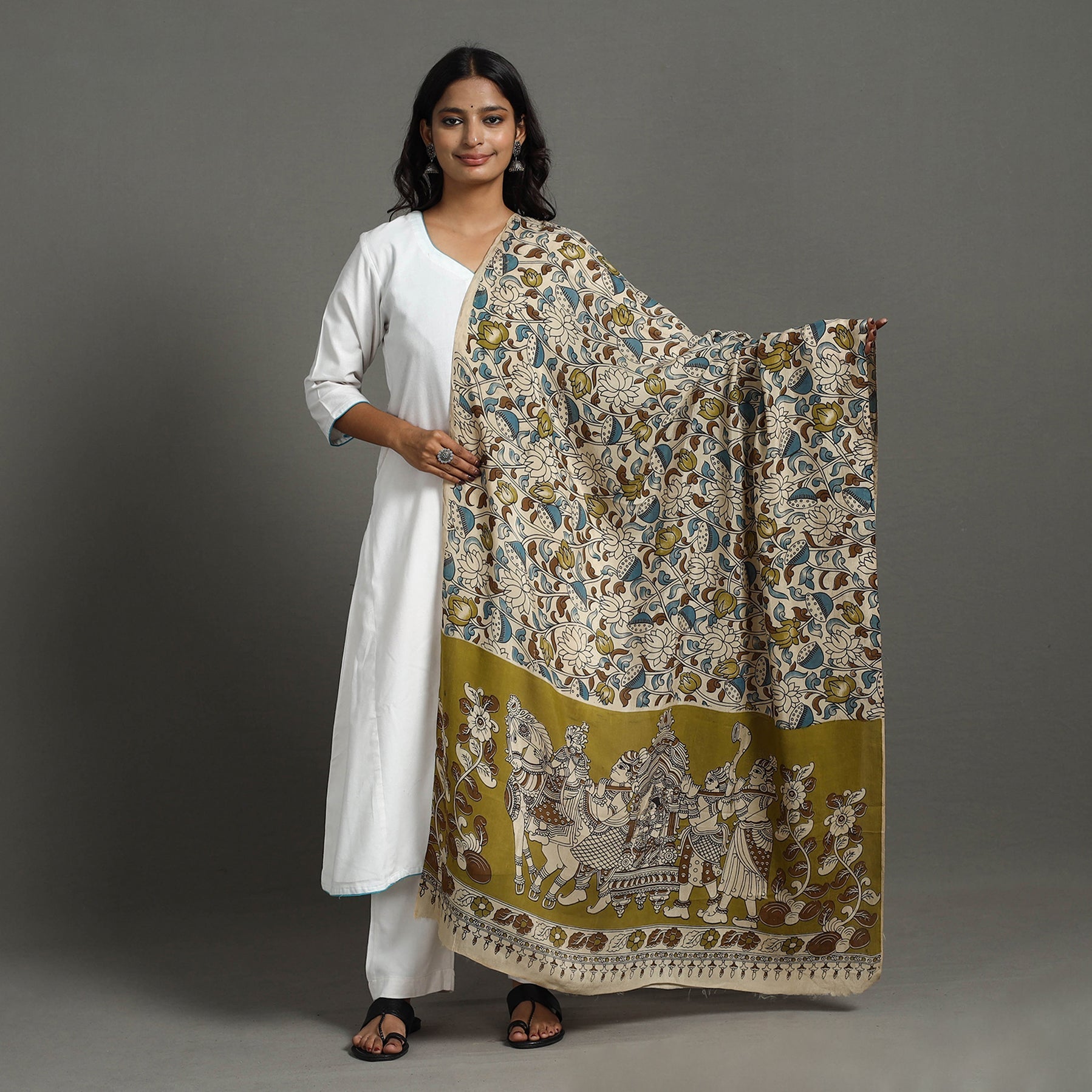 SOUTH KARGHA Beige- Printed Silk Cotton Kalamkari Dupatta 35 - view 2