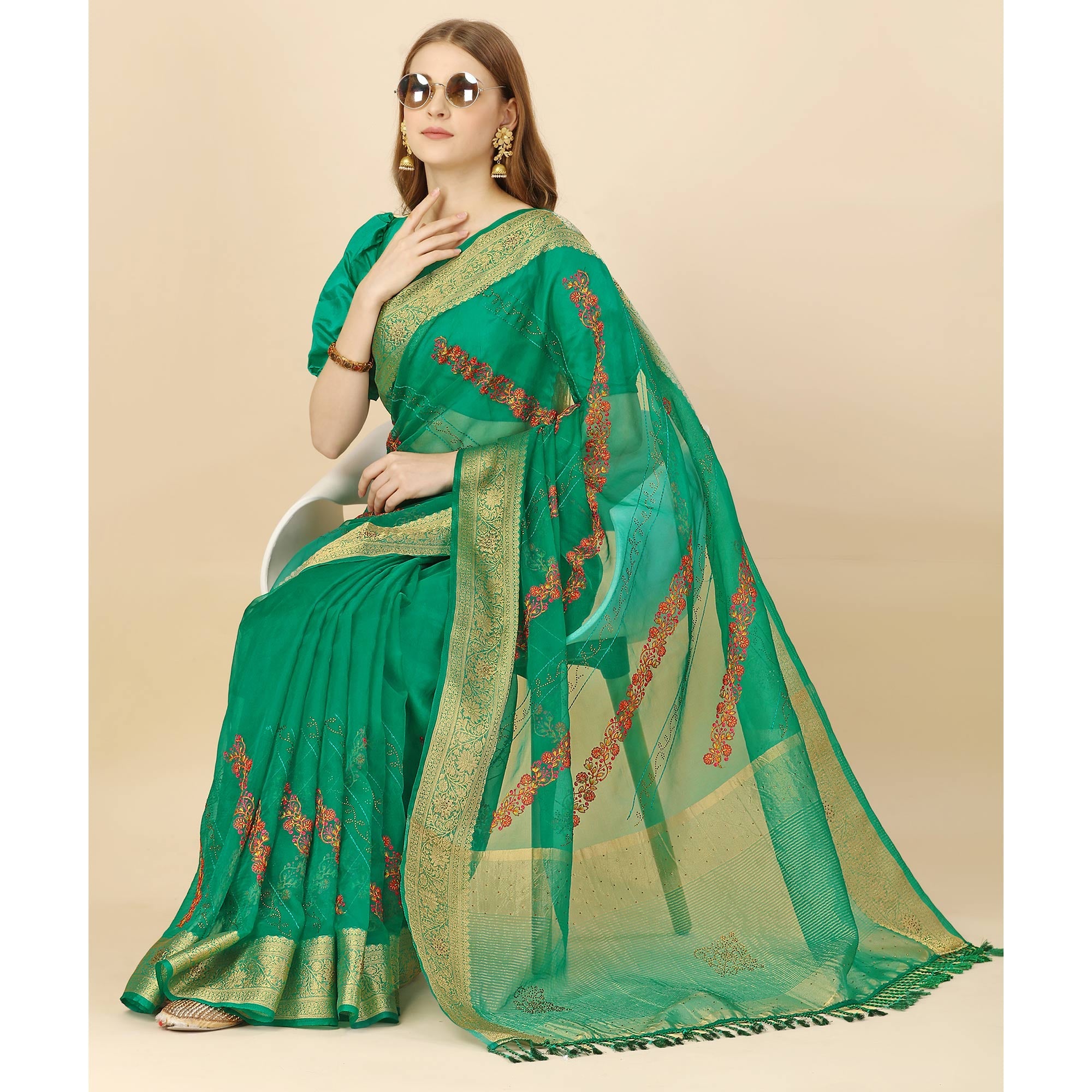 BlackTree green-floral-embroidery-with-swarovski-work-organza-saree - view 5