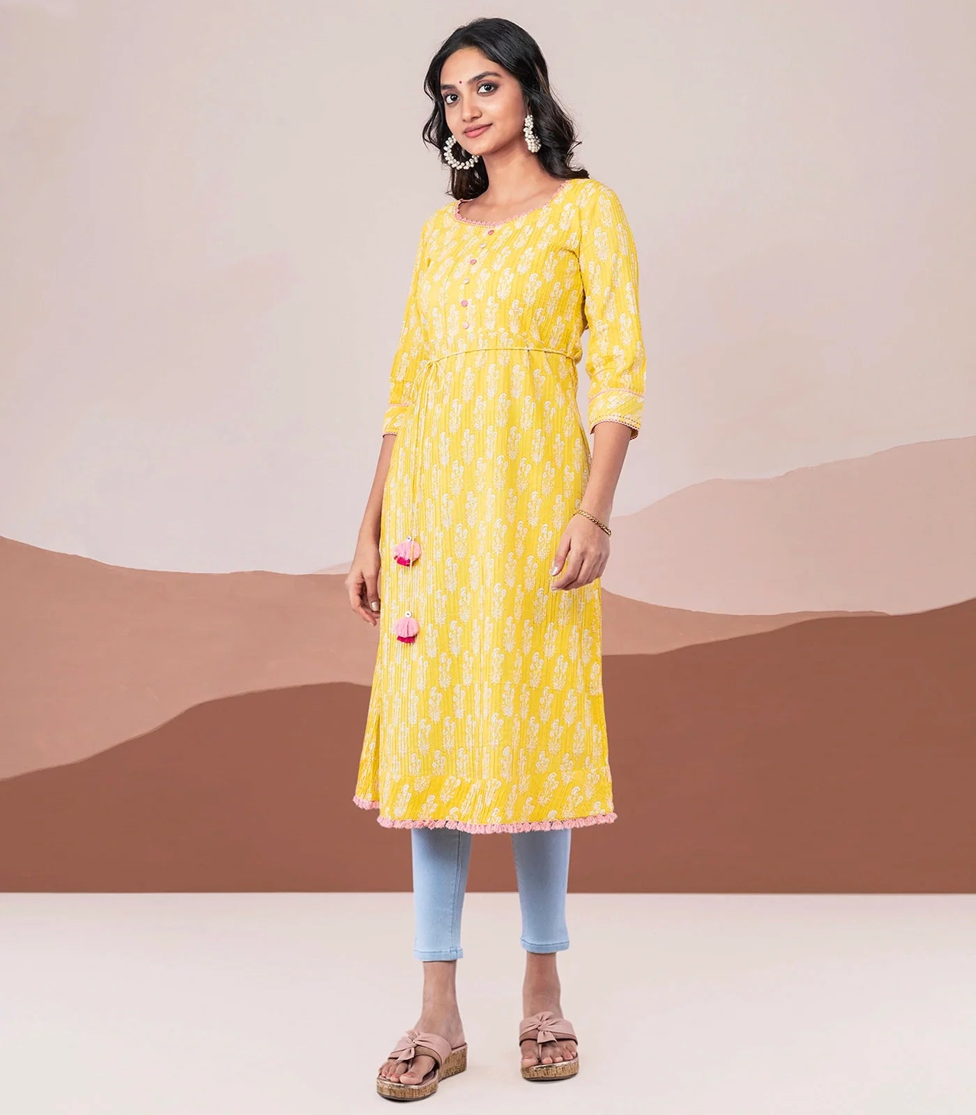 RmKV Yellow pin tuck cotton kurta with rope tassel tie up - view 4