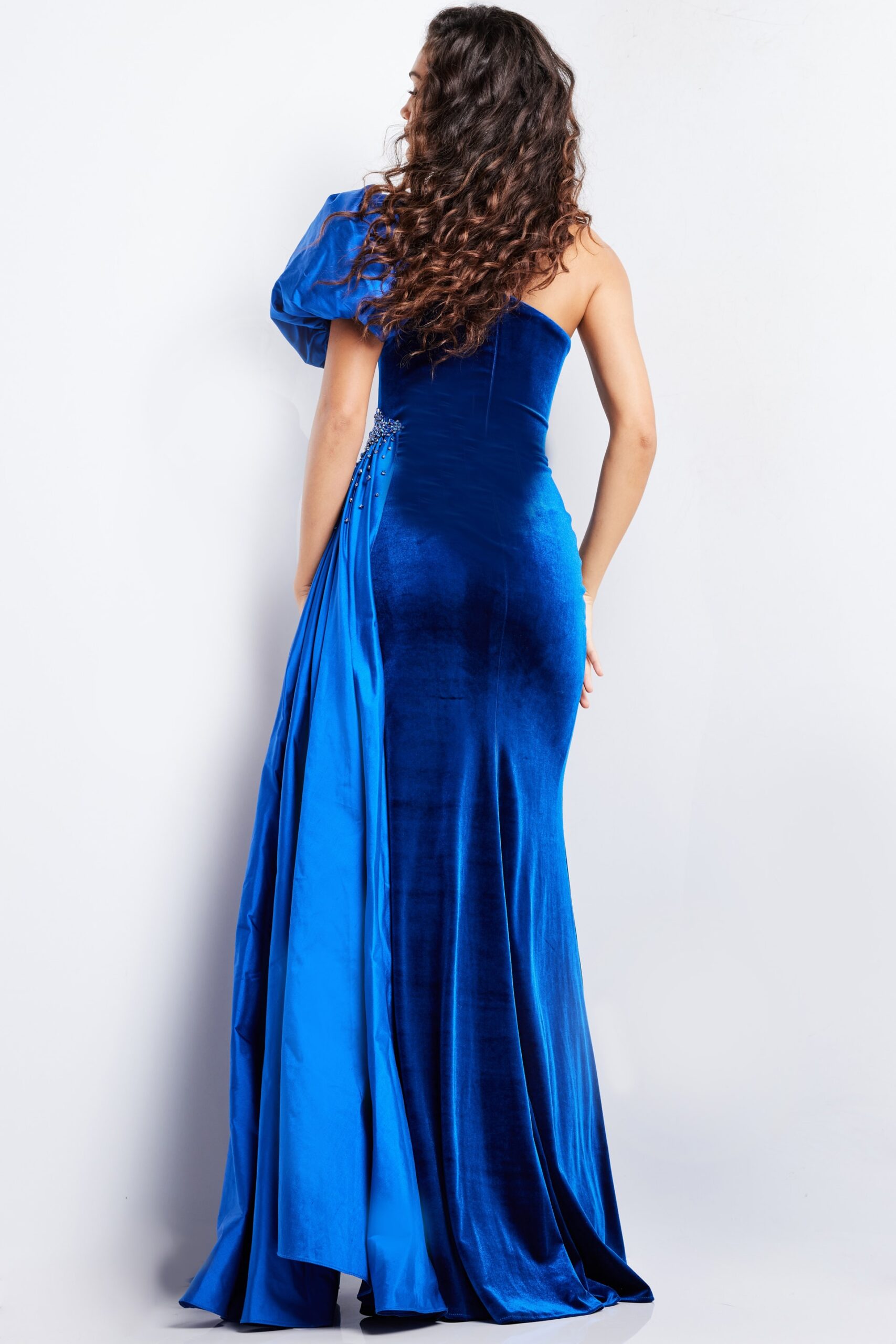 Velvet Fitted One Shoulder Slit Gown by Jovani 36878 - view 2