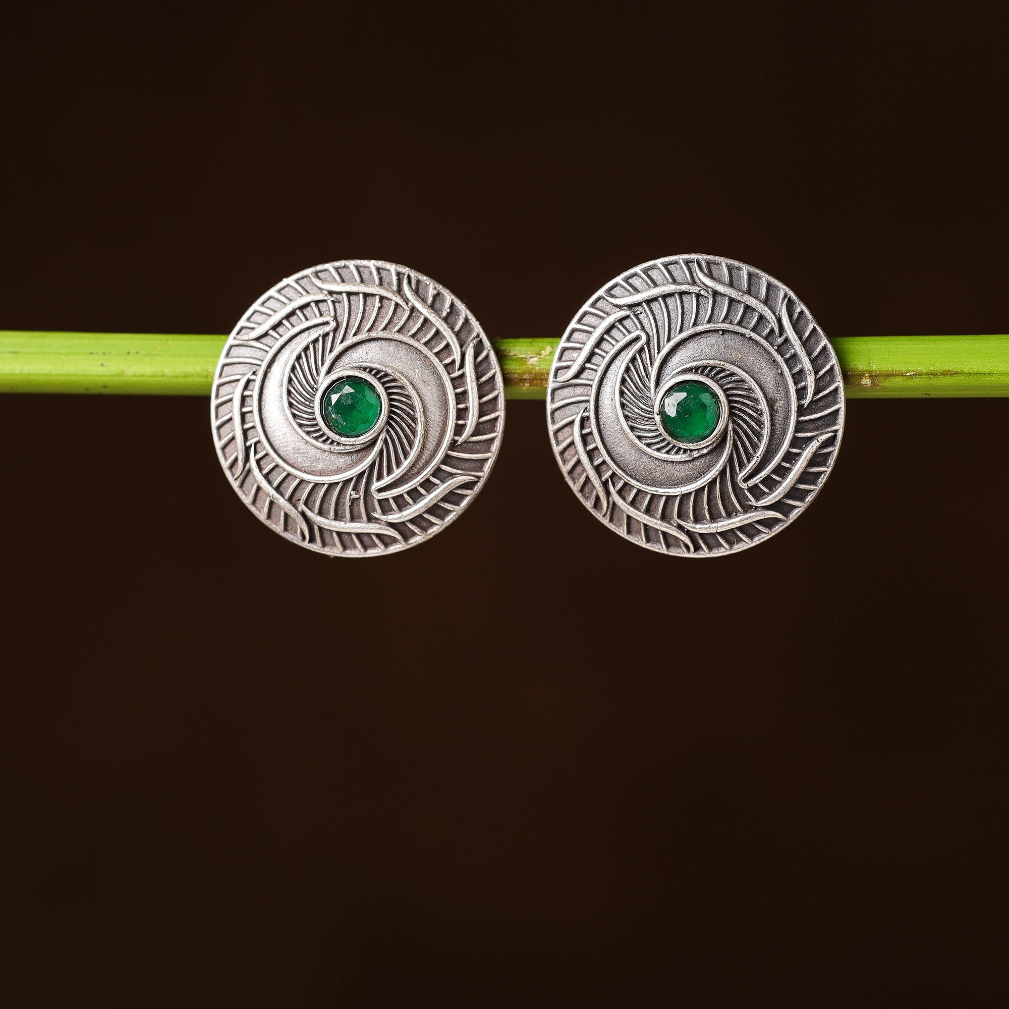 WHITE RIVER STORIES Antique Silver Finish Oxidised Brass Base Stone Work Stud Earrings