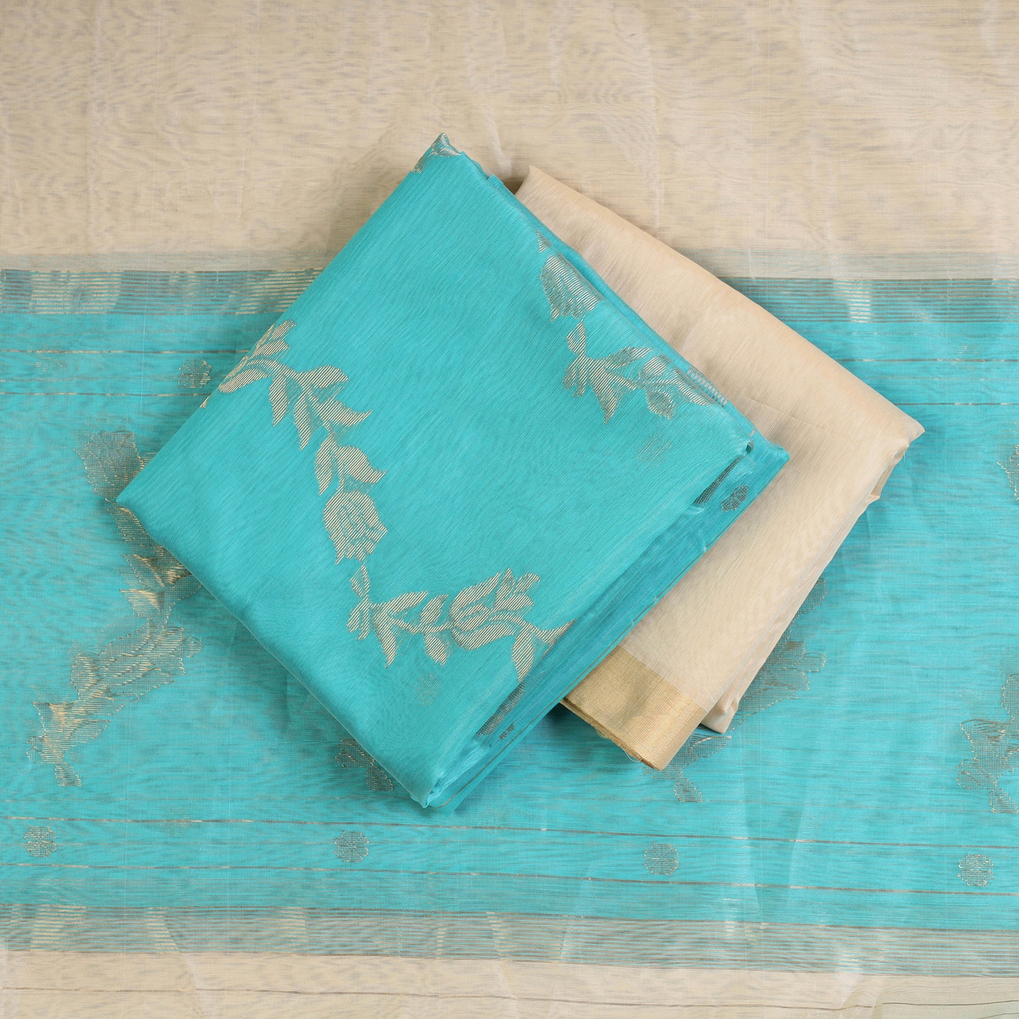 CHANDERI BY RAUPH KHAN Green - 3pc Chanderi Silk Cotton Handloom Flower Zari Buta Suit Material Set - view 2