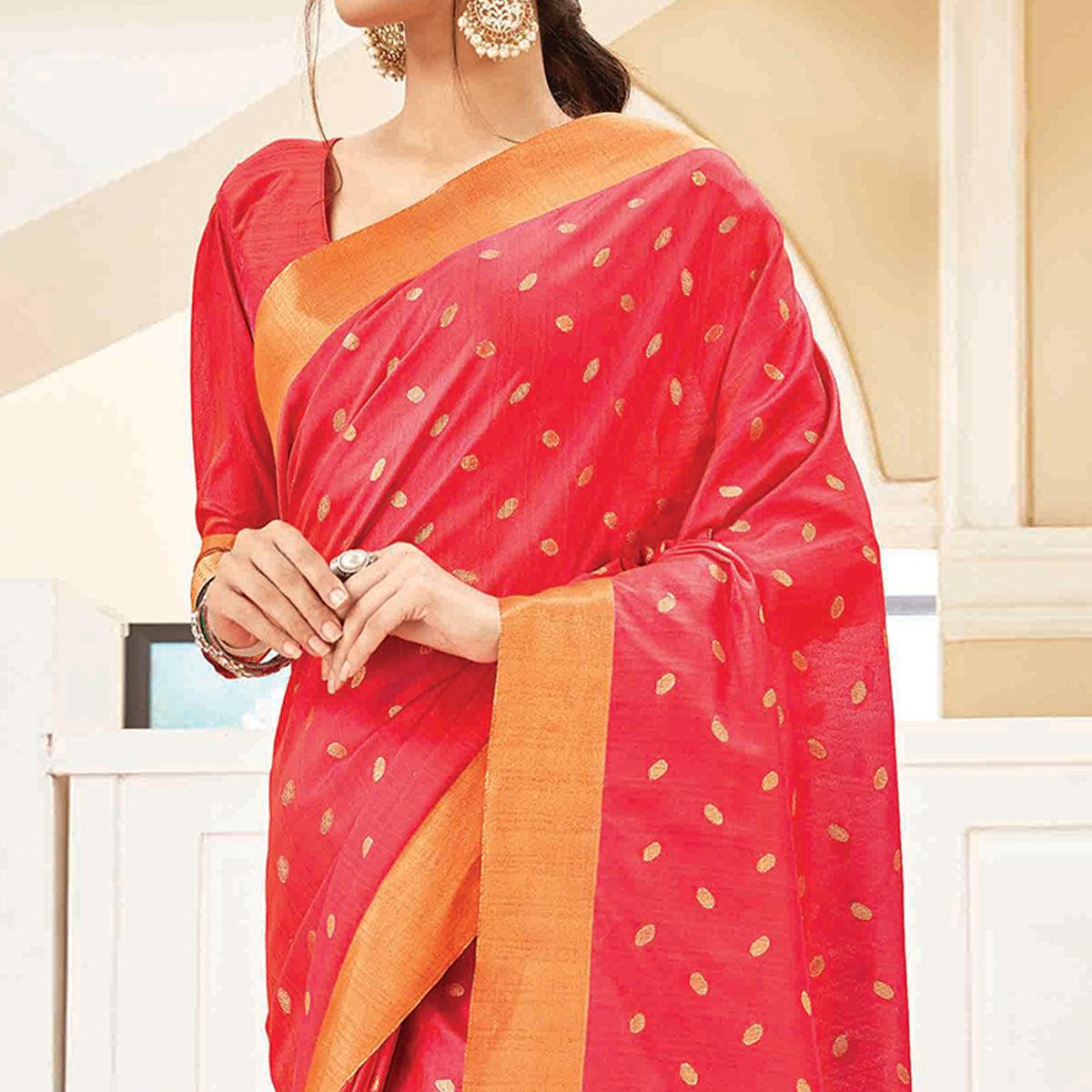 Peachmode Glorious Pink Colored Festive Wear Woven Handloom Silk Saree With Tassels - view 2