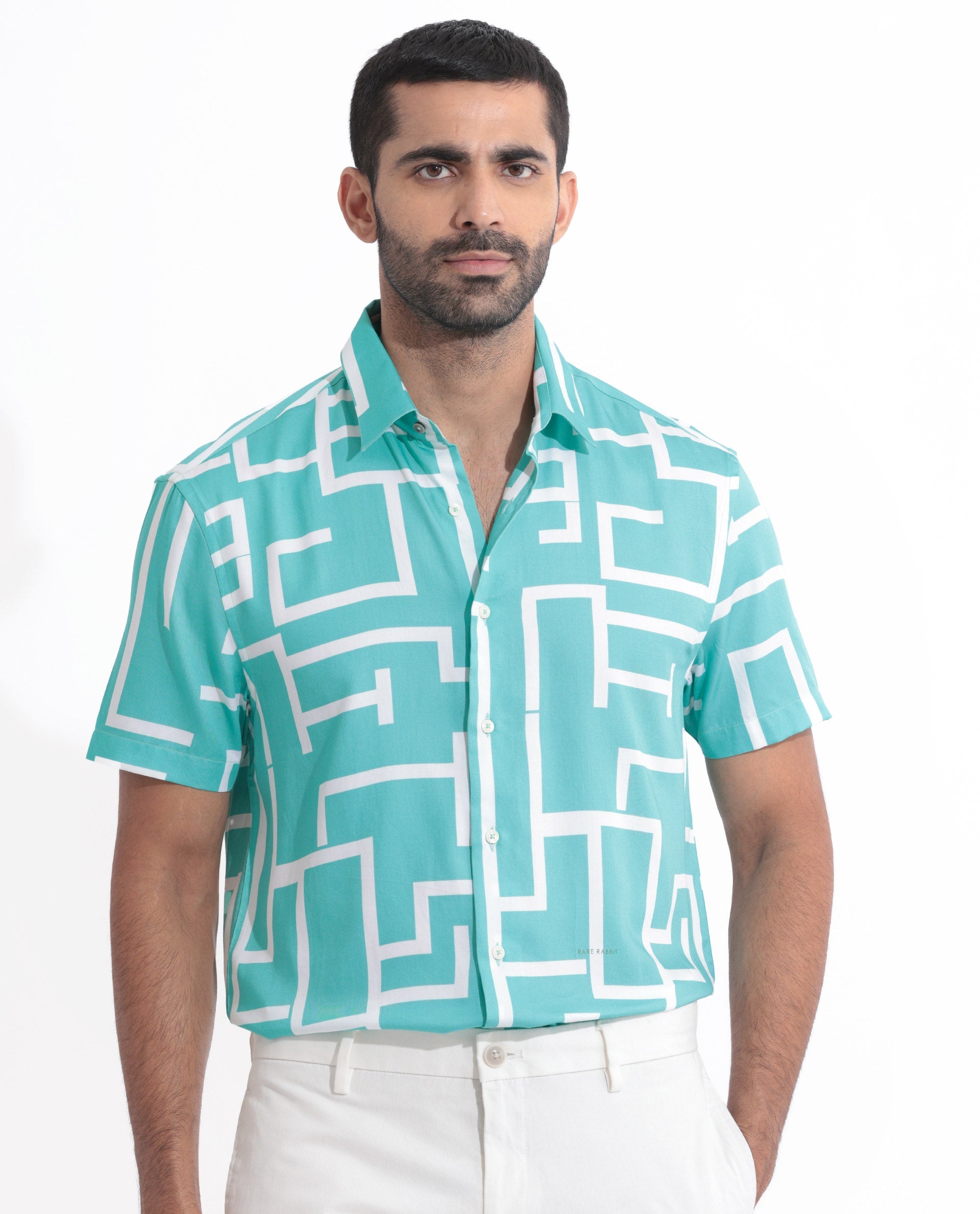Rare Rabbit Men's Lugo Turq Cotton Modal Fabric Geometric Print Half Sleeves Shirt