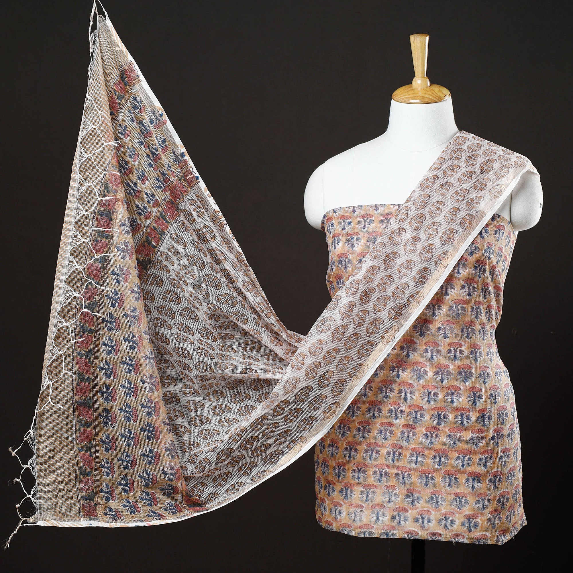 HAVELI CHRONICLES Beige - 3pc Sanganeri Block Printed Kota Doria Suit Material Set