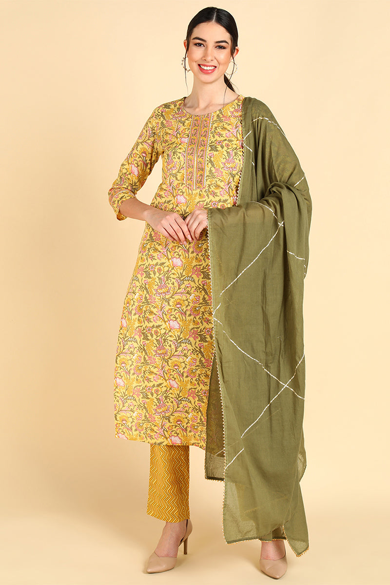 Ahika Yellow Pure Cotton Straight Kurta Pant With Dupatta Set VKSKD1405