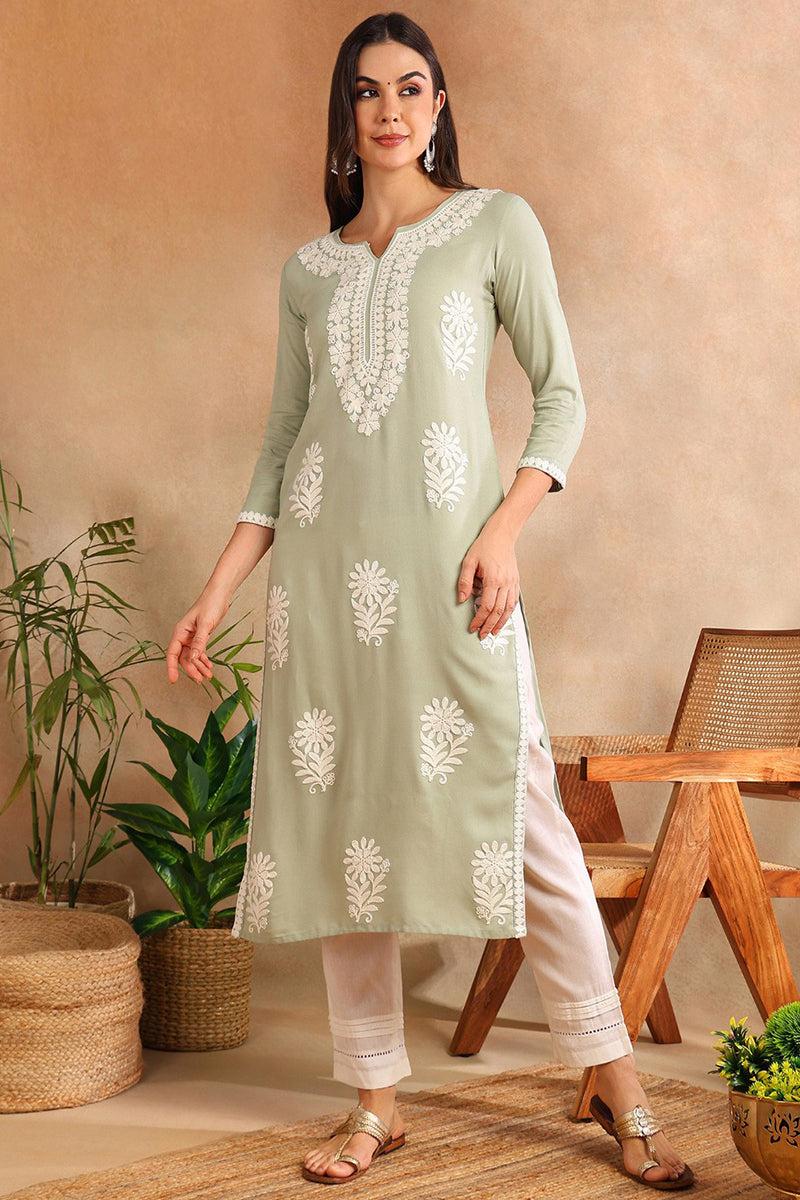 Ahika Green Viscose Rayon Solid Embroidered Chikankari Straight Kurta VCK9779GRN - view 2