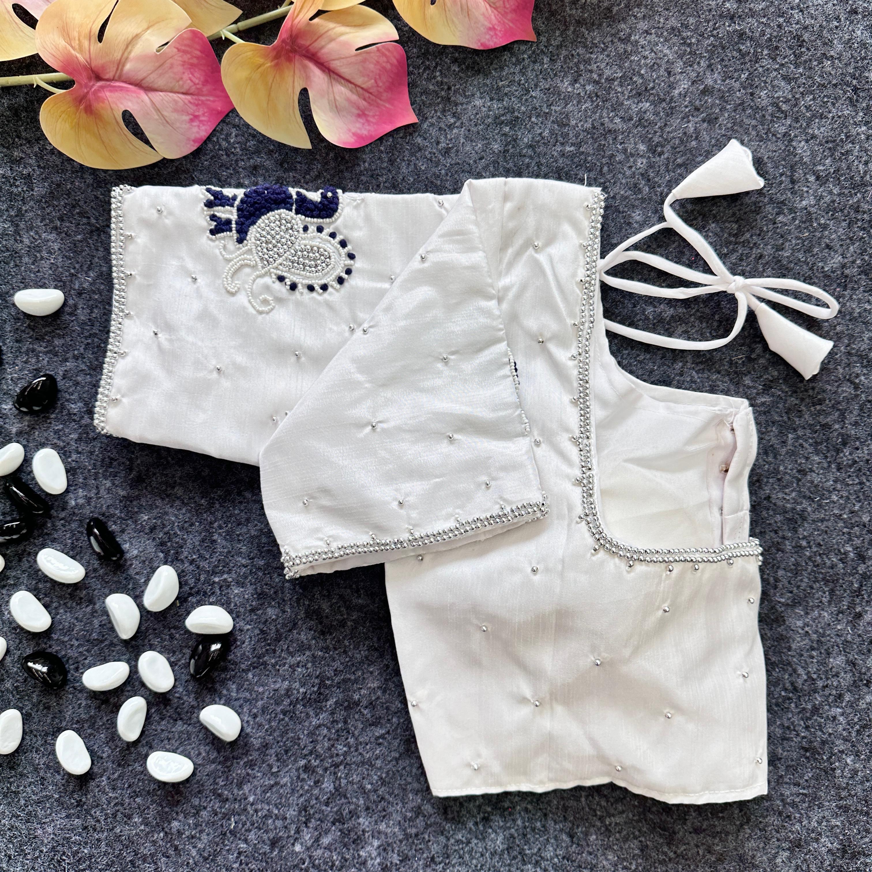 ClothsVilla White Party Wear Blouse in Lemon Silk with Elegant Handwork and Knot Design - view 3