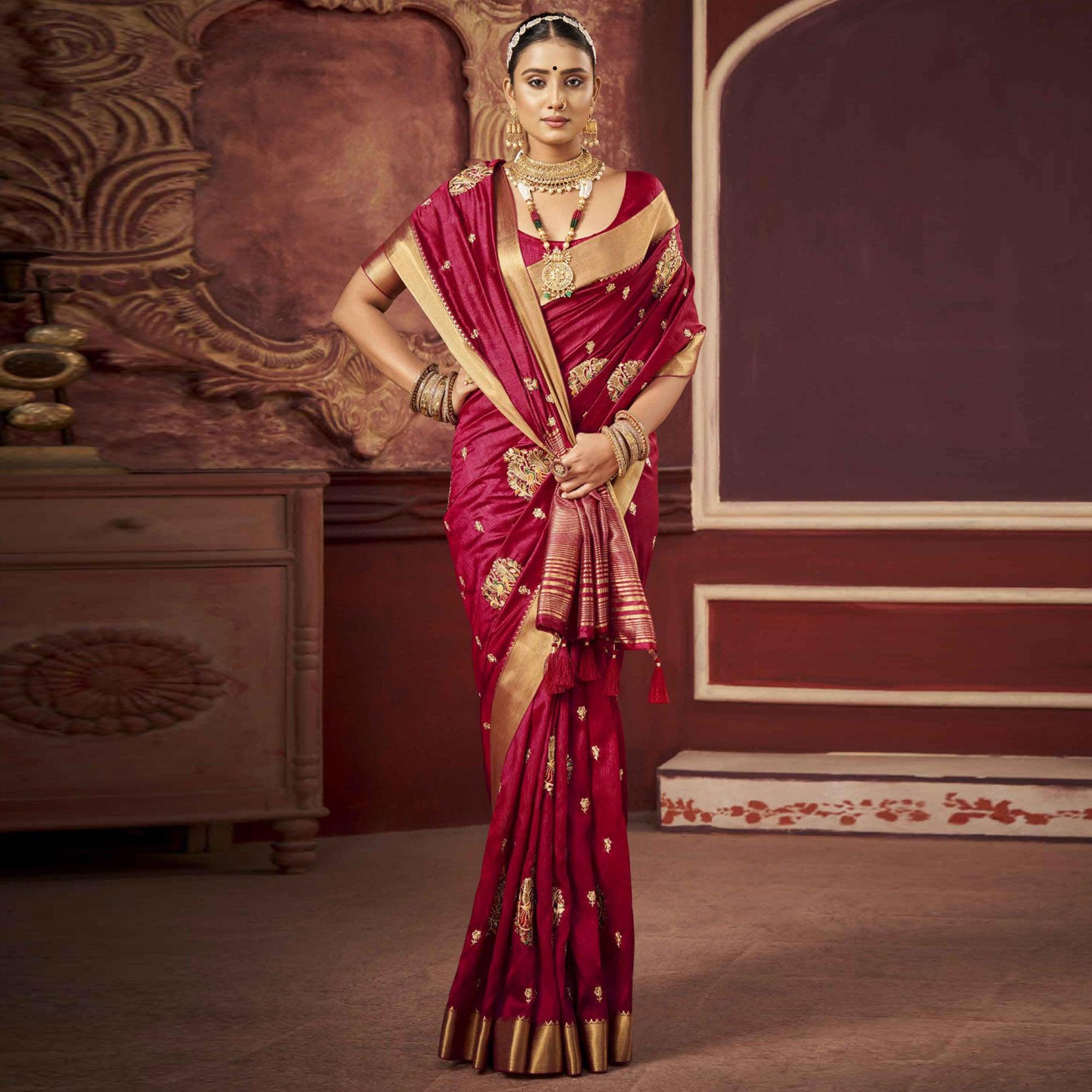 Peachmode Maroon Woven-Embroidered Raw Silk Saree With Tassels - view 2