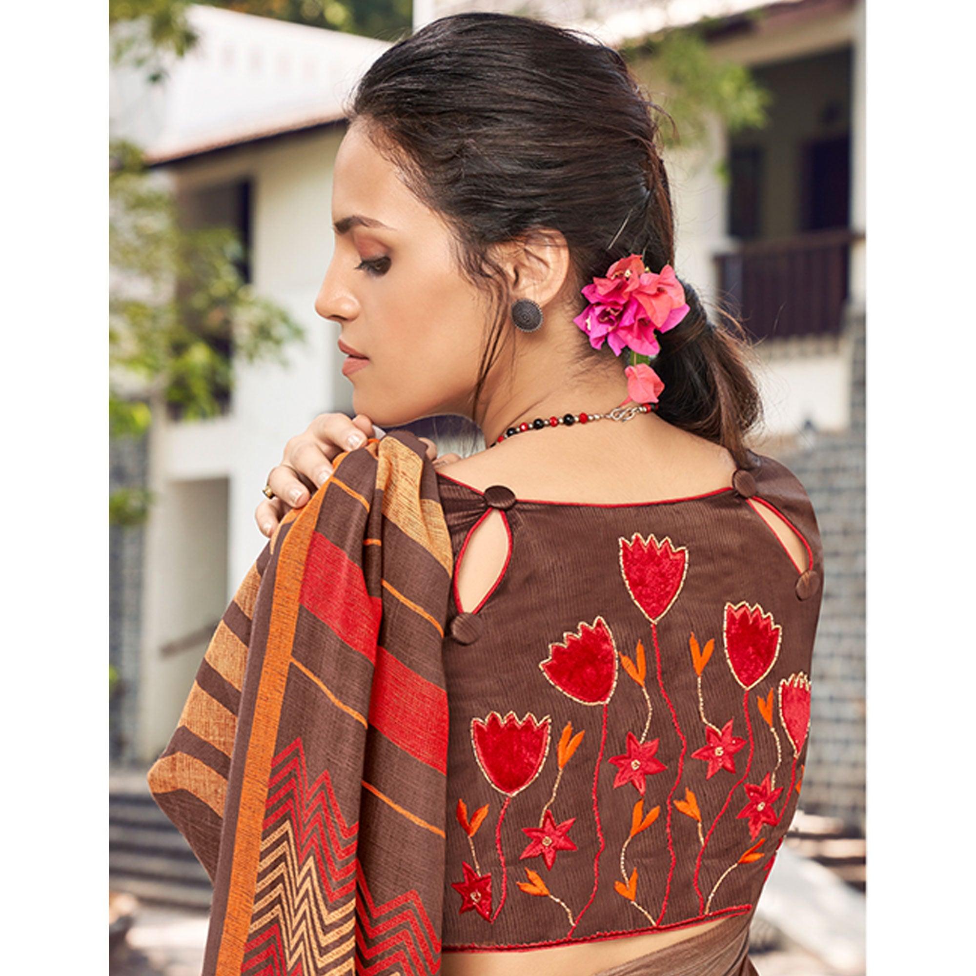 Peachmode Brown Printed Linen Saree – Women's - view 3