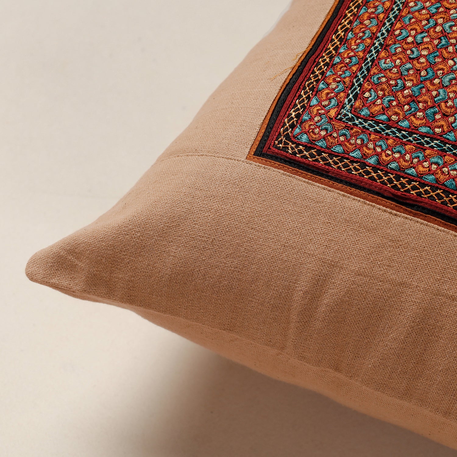 QASAB Beige - Kutch Neran Hand Embroidery Cotton Cushion Cover (16 x 16 in) - view 2