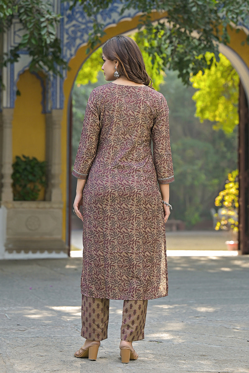 Ahika Brown Cotton Blend Floral Printed Straight Trouser Suit Set VKSKD2302 - view 4