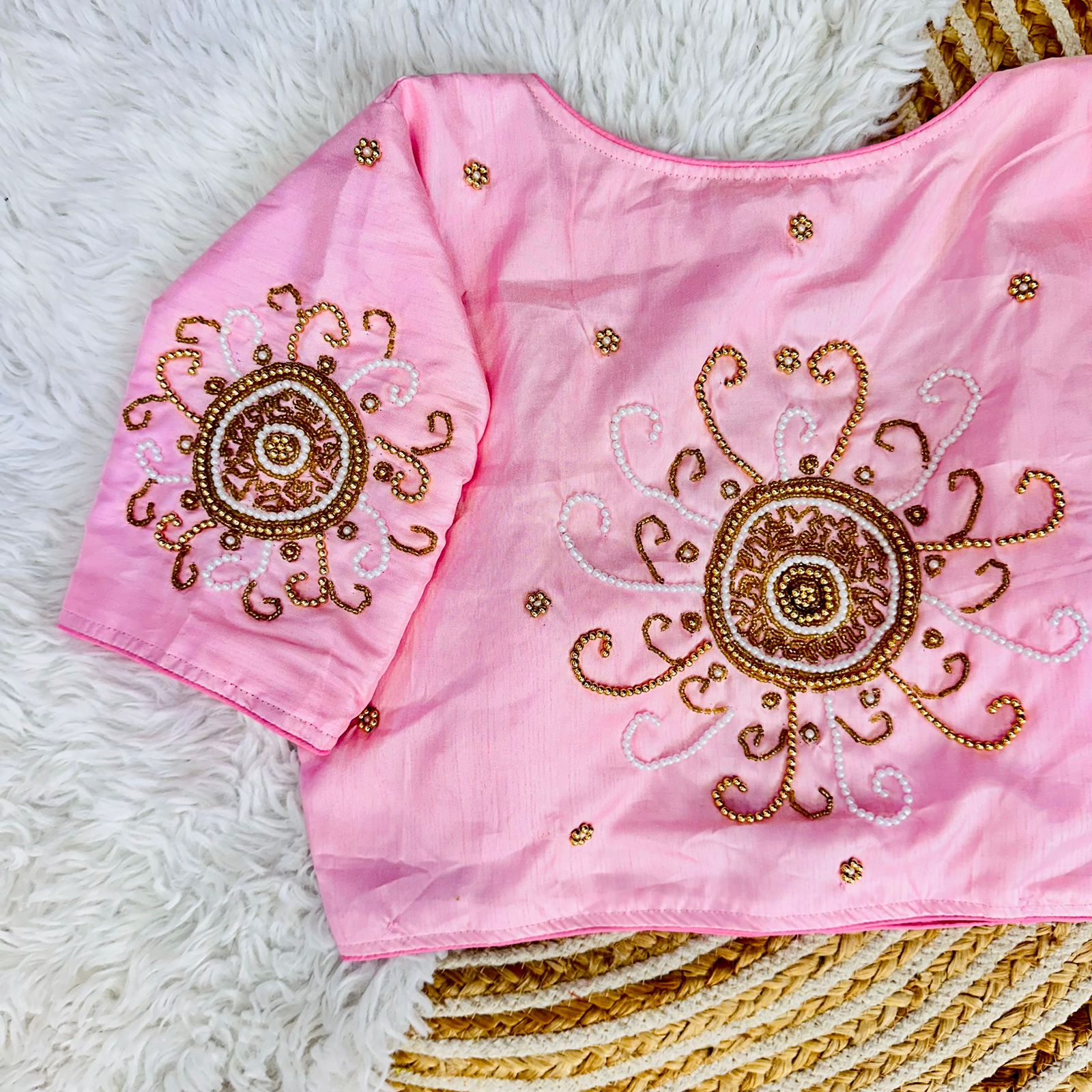 ClothsVilla Baby Pink Golden Handcrafted Makhana Silk Blouse with White Pearl Accents - view 2