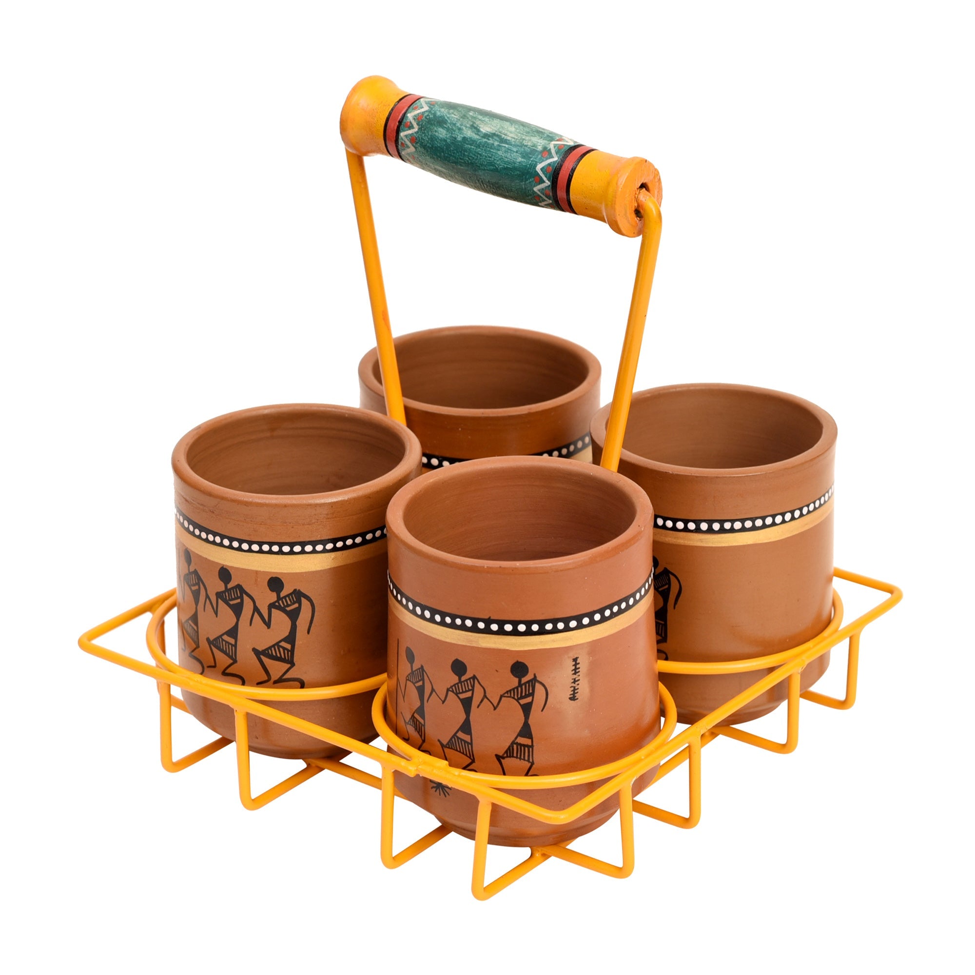 ART CREATIONS BY SUMAN SONTHALIA Brown - Ram Piyari Kullad Set (SO4) in Yellow Handpainted Metal Stand (6.7x6.7x7.5) - view 2
