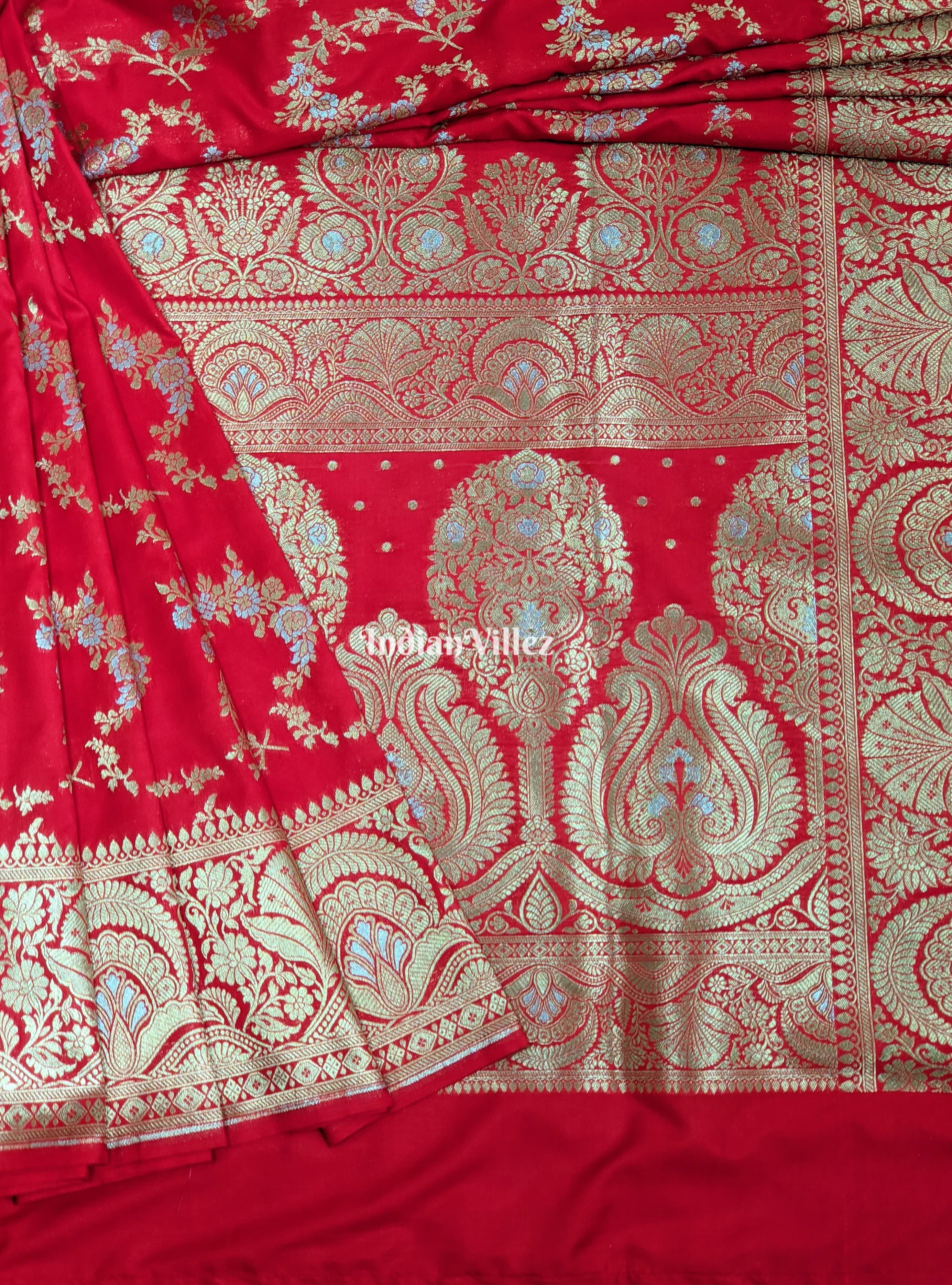 IndianVillèz Rose Red Color With Floral Design Banarasi Katan Saree