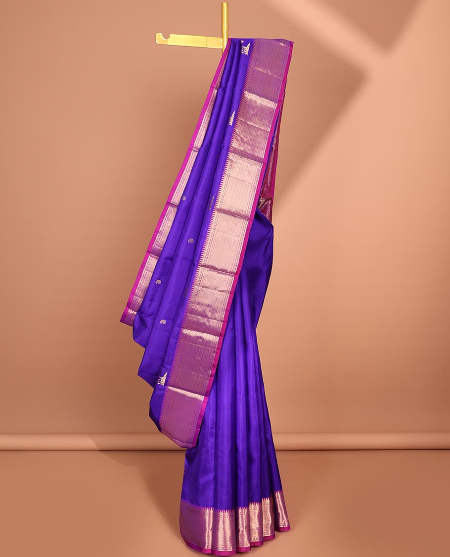 Pothys Blue zari buttas silk saree, contrast traditional zari design border & intricate pallu