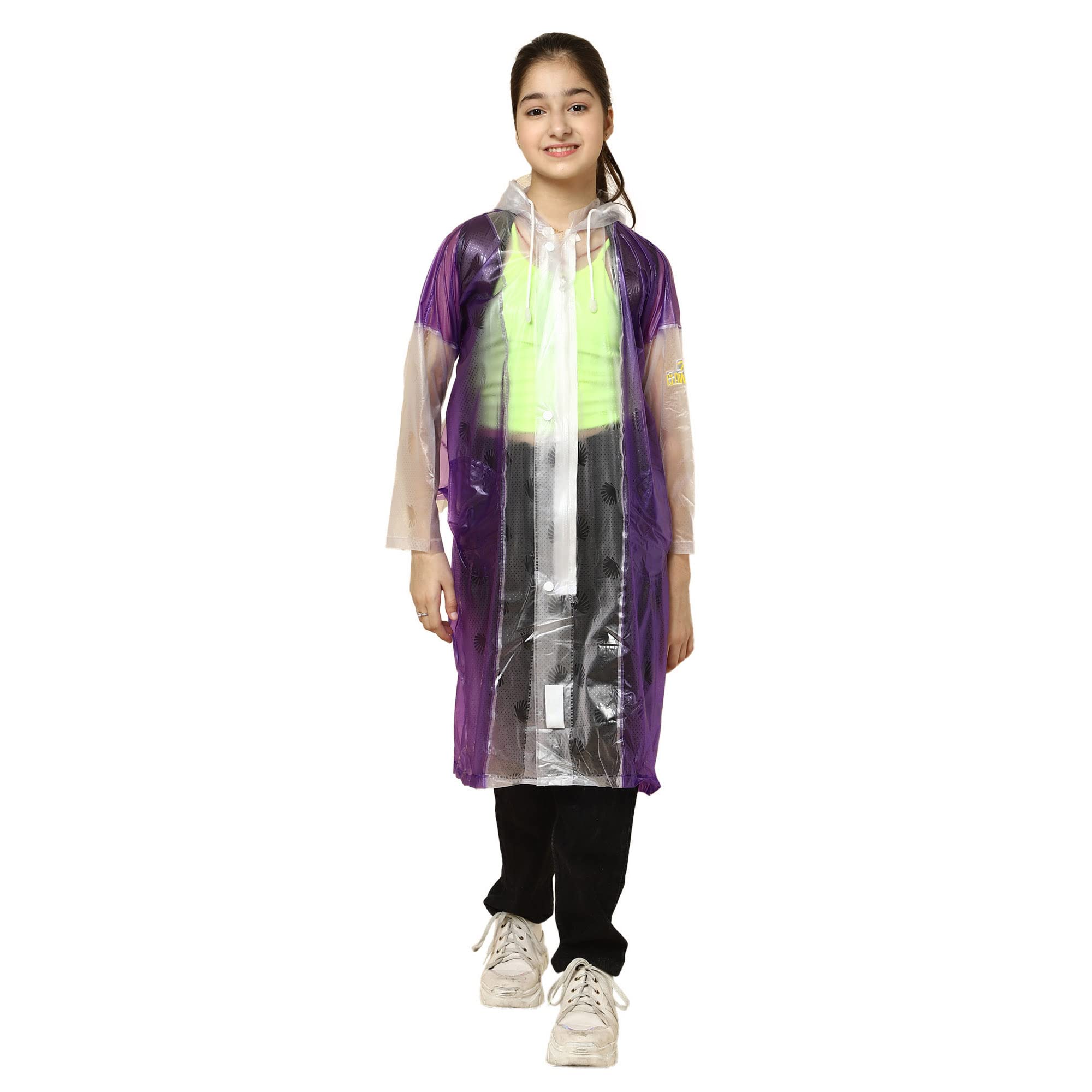 THE CLOWNFISH Archie Series Kids Waterproof PVC Longcoat with Adjustable Hood & Extra Space for Backpack/Schoolbag Holding. Plastic Pouch. Kid Age-10-