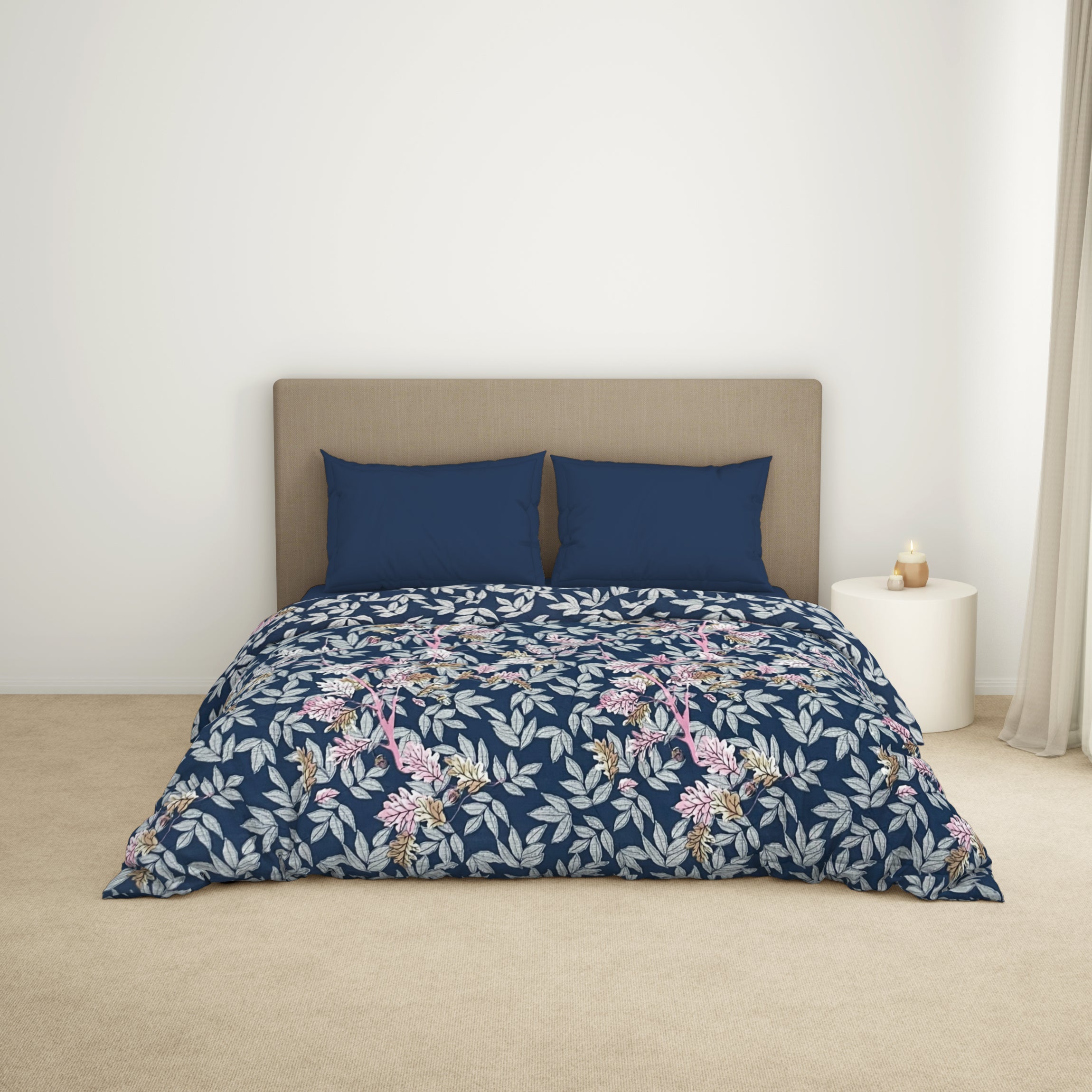 Spaces India Floral Lichen Blue - Blue Microfiber Shell Double Quilt / AC Comforter - Bliss By Welspun