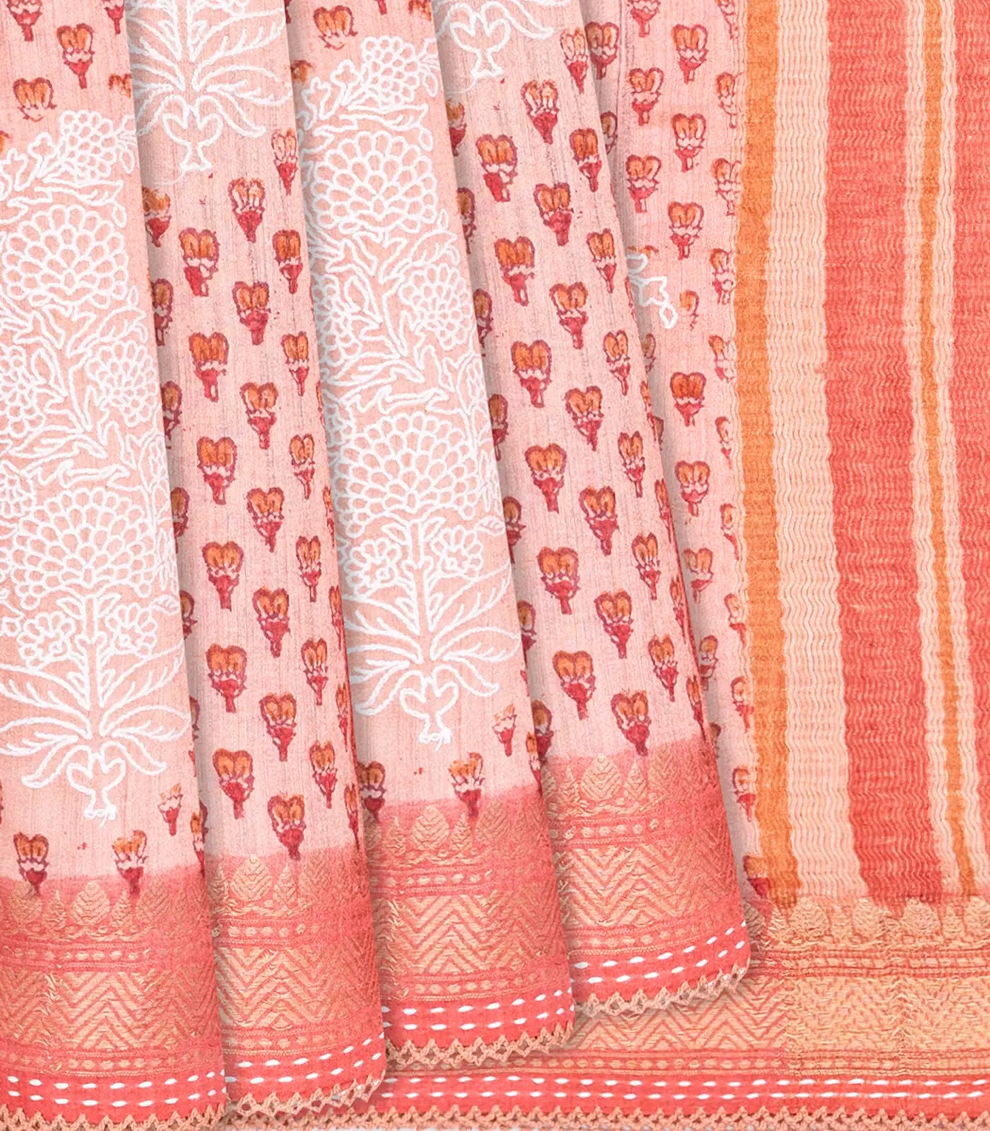 RmKV Baby Handloom Tussar Silk Saree With Printed & Embroidery Motifs-Baby Pink