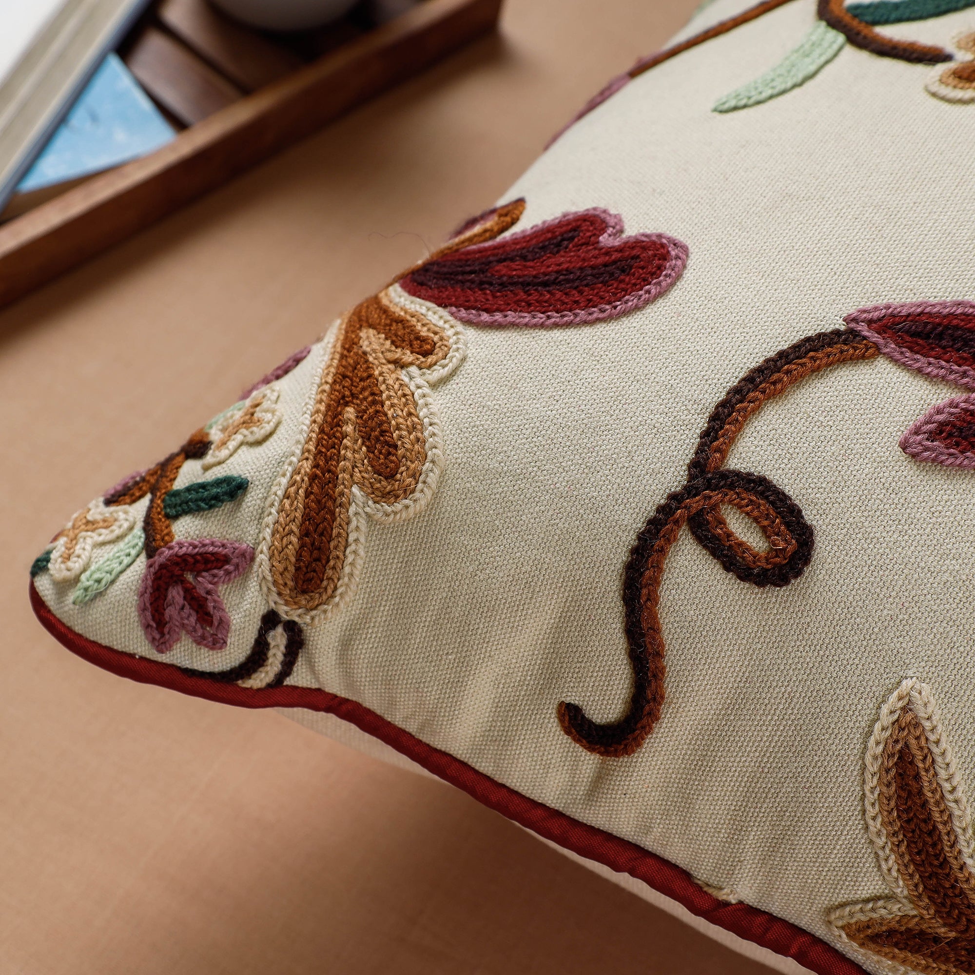 ITOKRI CRAFTS INITIATIVE Beige - Aari Hand Embroidery Cotton Duck Cushion Cover (16 x 16 in) - view 2