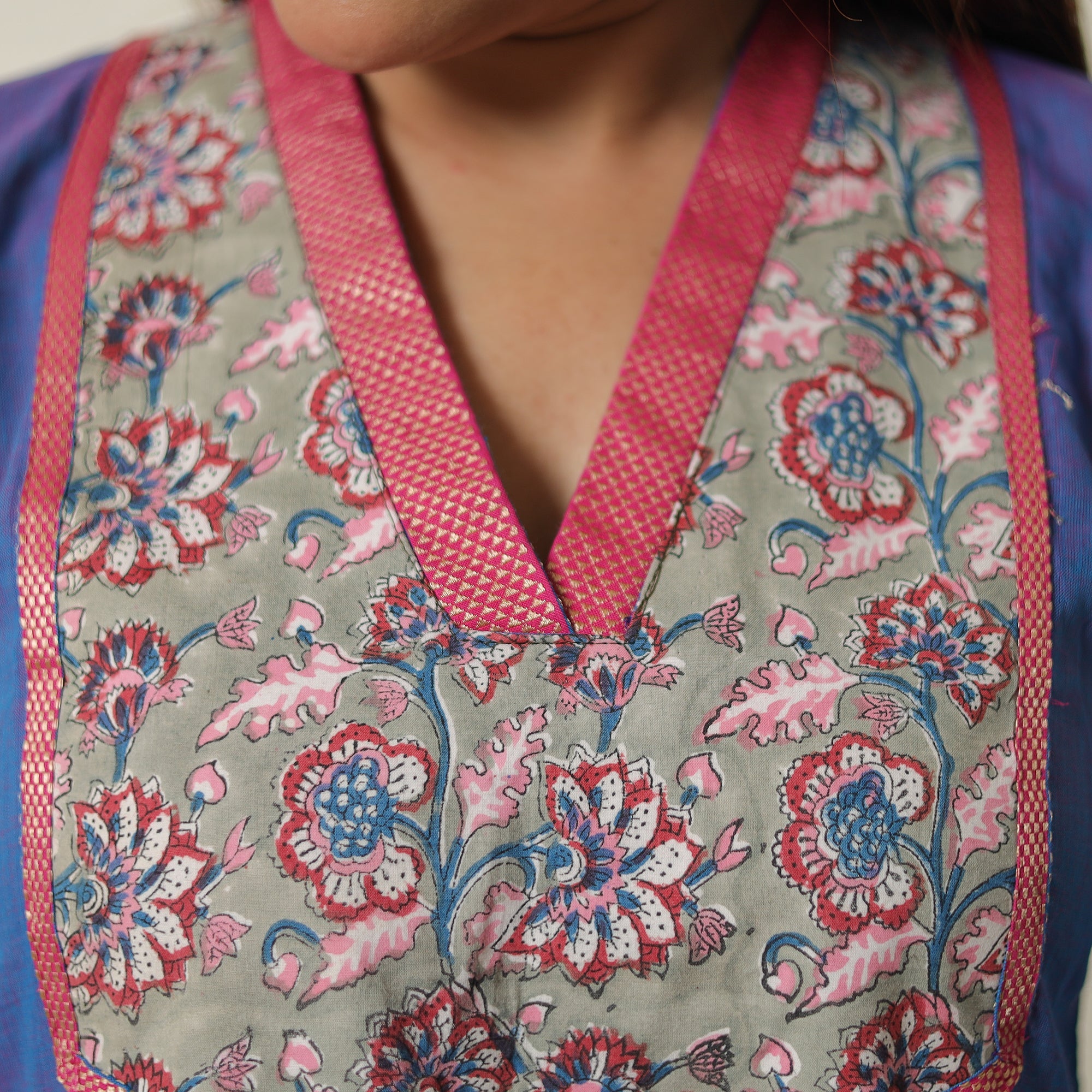ITOKRI CASUALS Blue - Dharwad Cotton Straight Kurta with Sanganeri Patchwork 02 - view 5