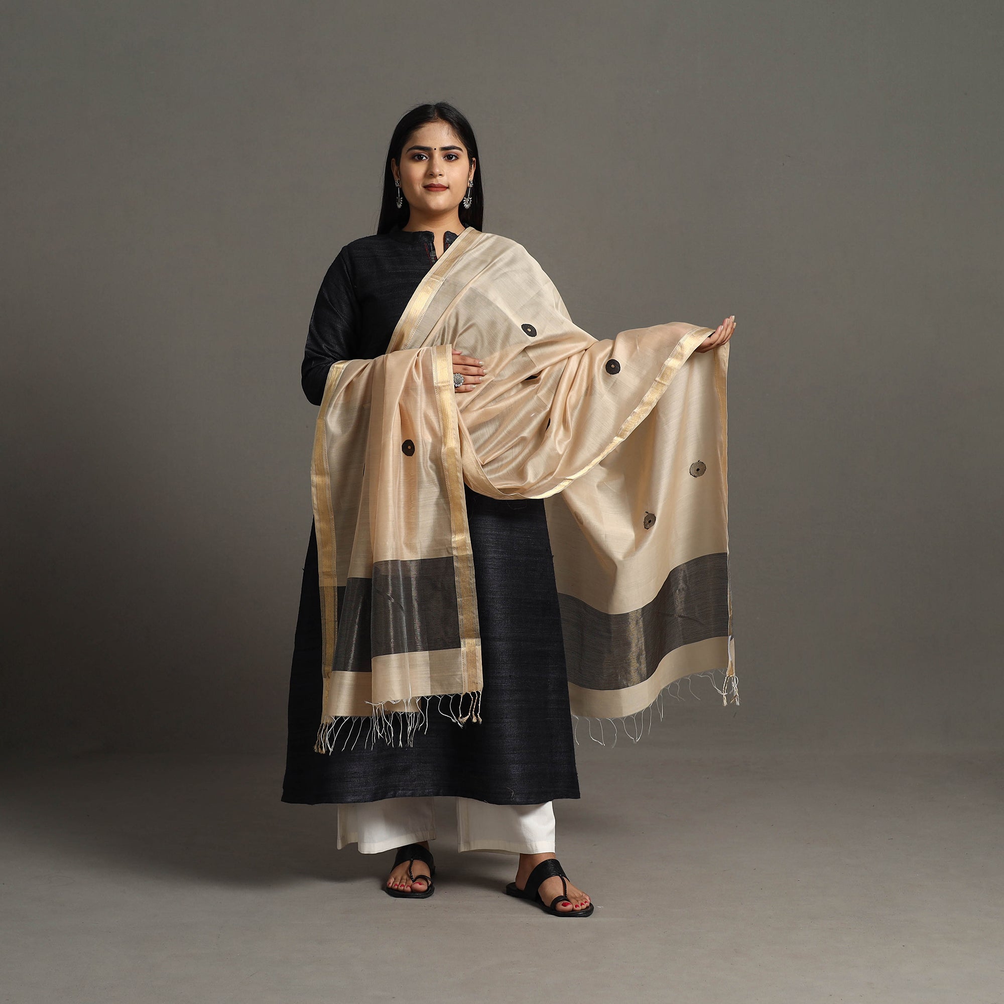 ITOKRI CRAFTS INITIATIVE Beige - Handloom Silk Cotton Circle Buti Maheshwari Dupatta 35