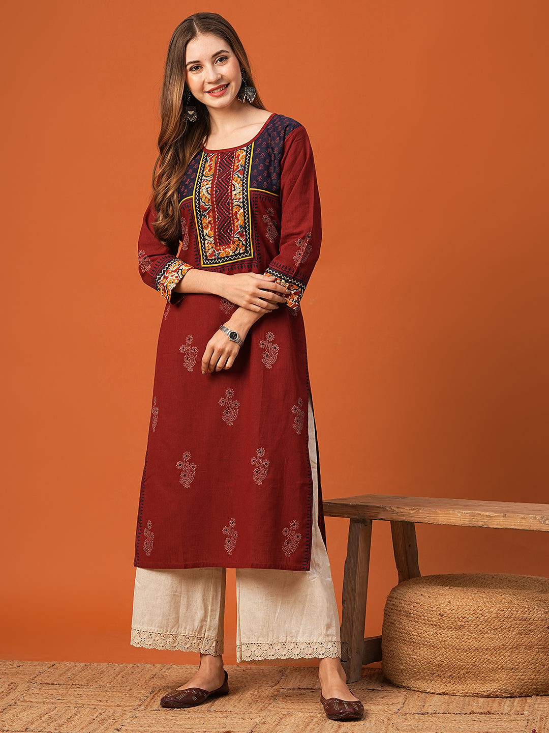 Fashor Ethnic Floral Printed & Kantha work Straight Fit Kurta - Maroon