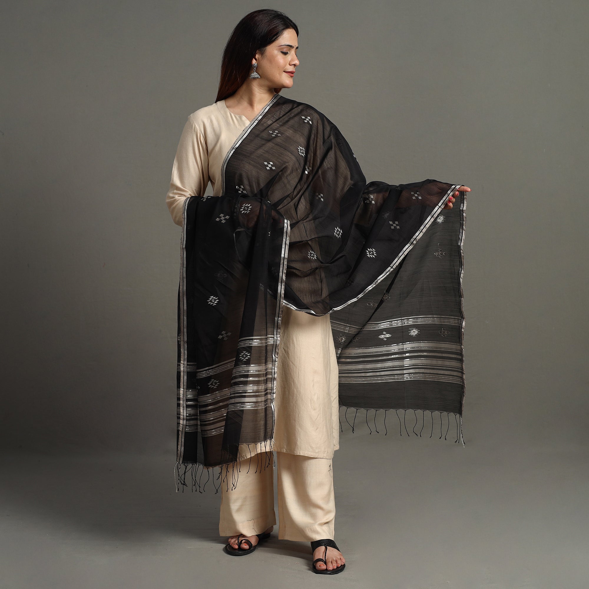 CHANDERI BY RAUPH KHAN Black - Traditional Chanderi Silk Handloom Zari Buti Dupatta 63