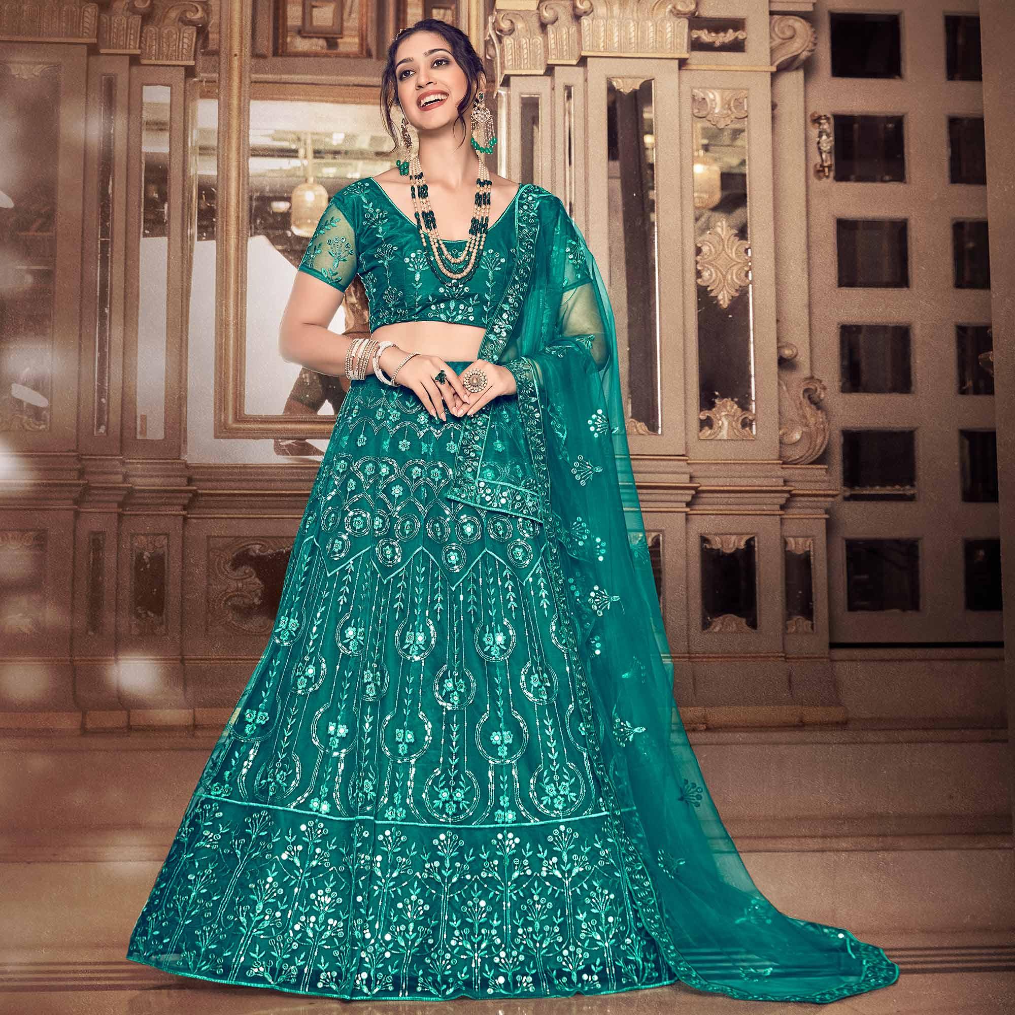 Peachmode Dark Rama Partywear Thread Sequins Soft Net Lehenga Choli