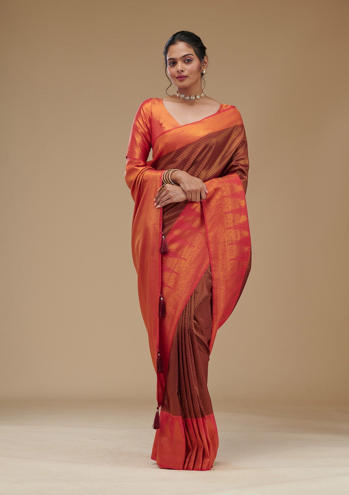 Koskii Wine Zariwork Art Silk Saree – Women's