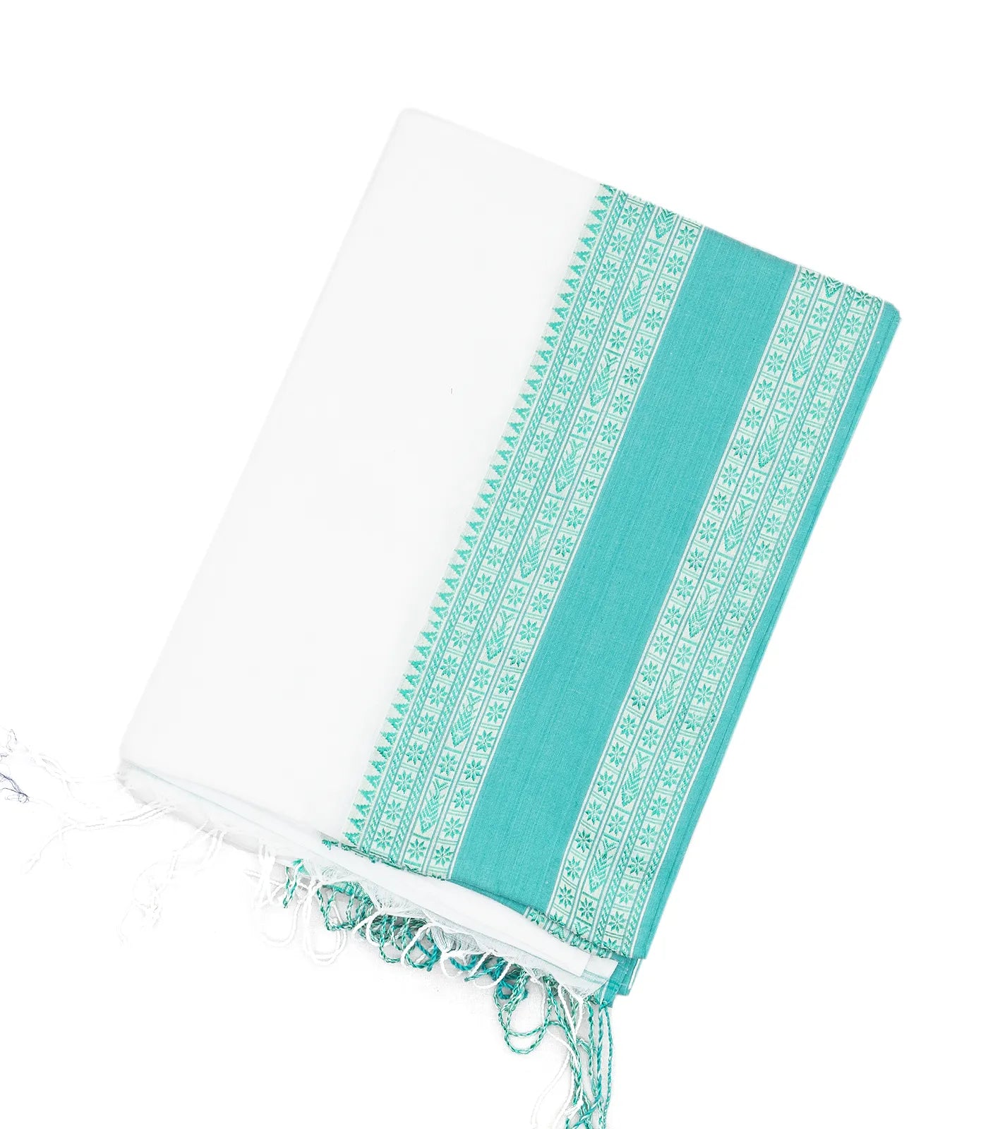 RmKV White Handloom Bengal Cotton Saree With Turquoise Border