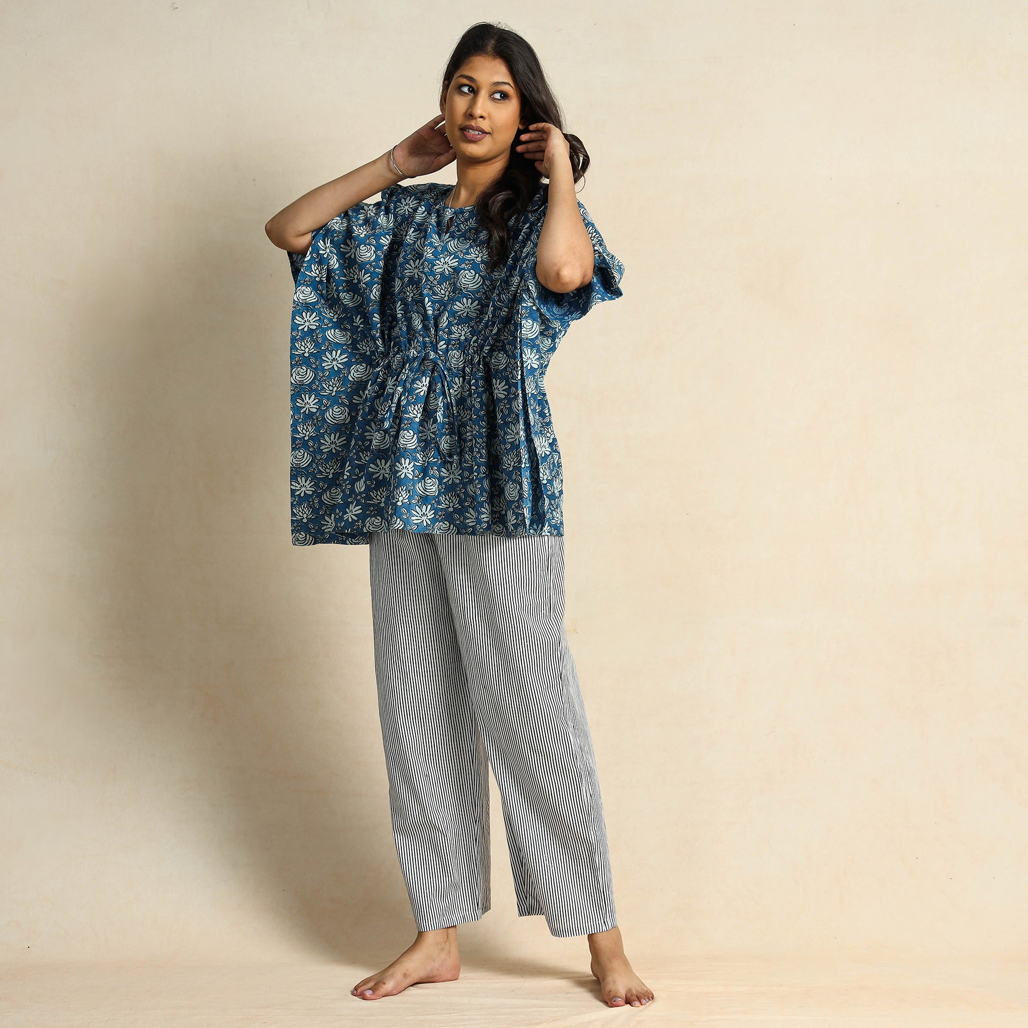 CHUTNEY CRAFT STUDIO Blue - Hand Block Printed Cotton Kaftan & Pyjama Night Suit Set