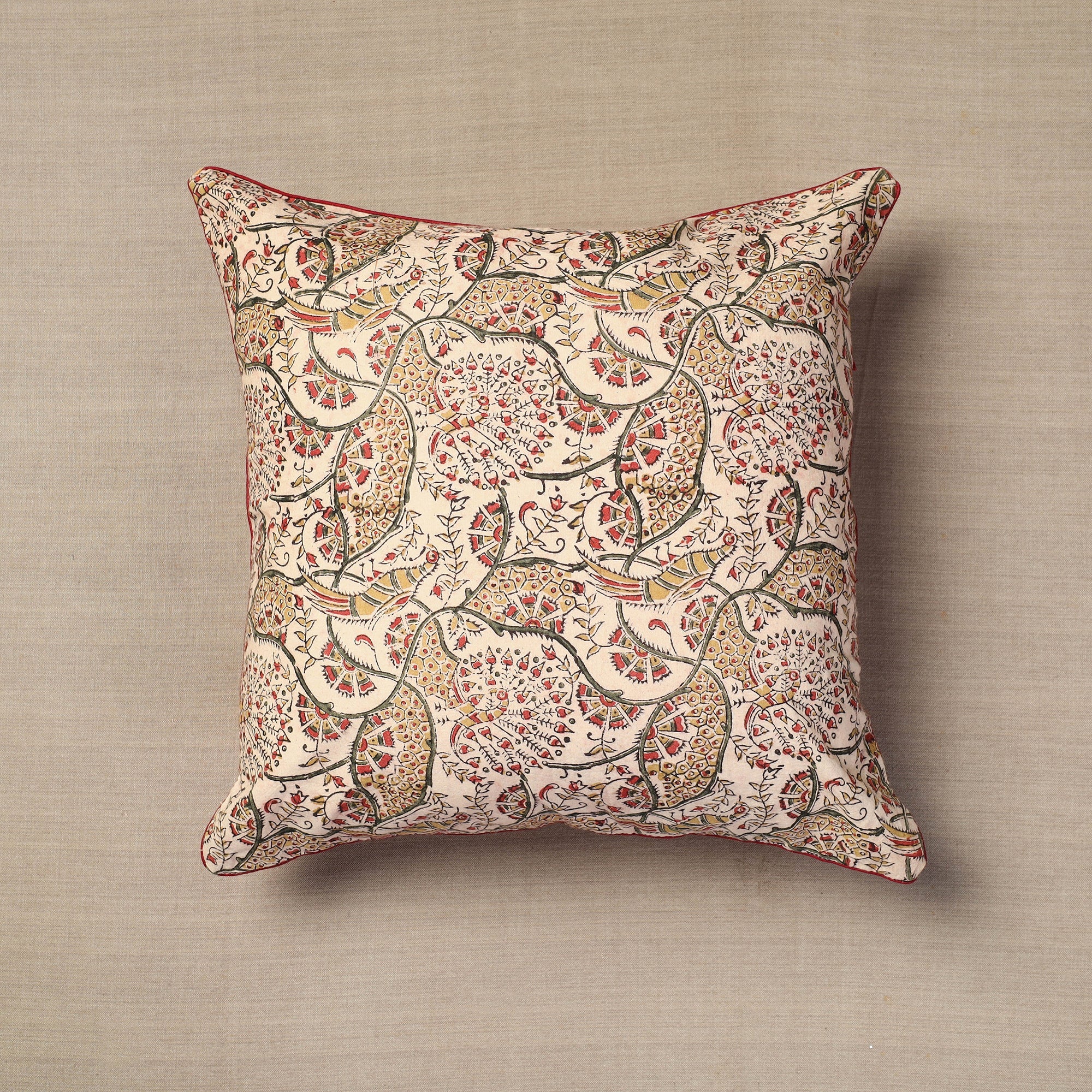 NOORI BAZAR Beige - Block Print Cotton Kalamkari Cushion Cover (16 x 16 in) 04