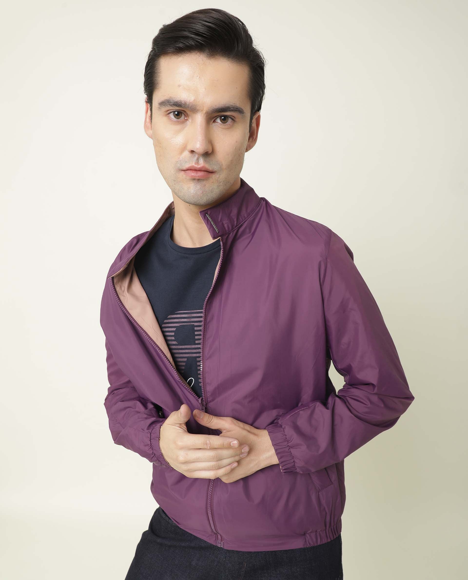 Rare Rabbit Men's Adol Dark Maroon Plain Lightweight Band Collar Reversible Jacket - view 2