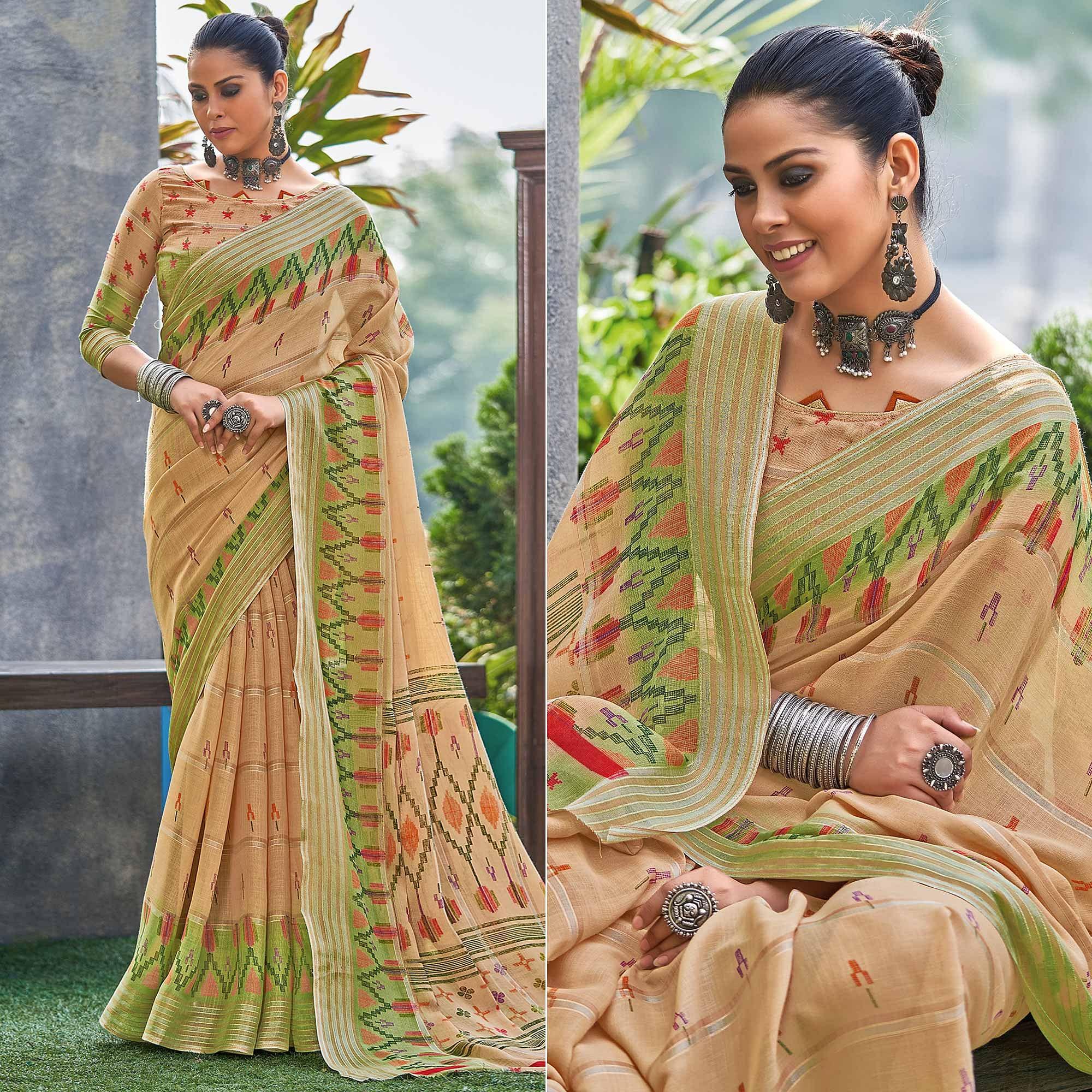 Peachmode Brown Ikkat Printed Linen Saree – Women's
