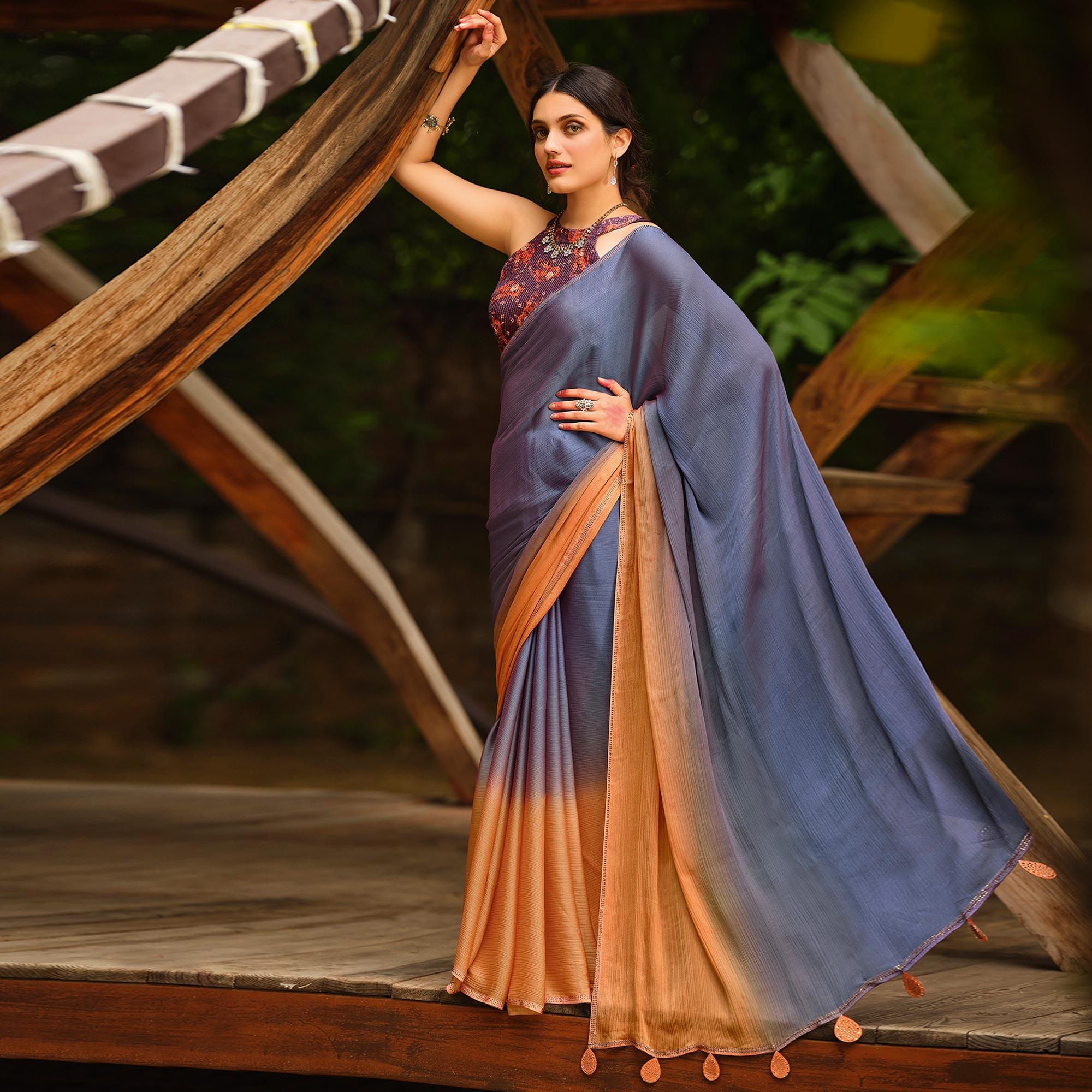 Peachmode Grey Solid Chiffon Saree – Women's