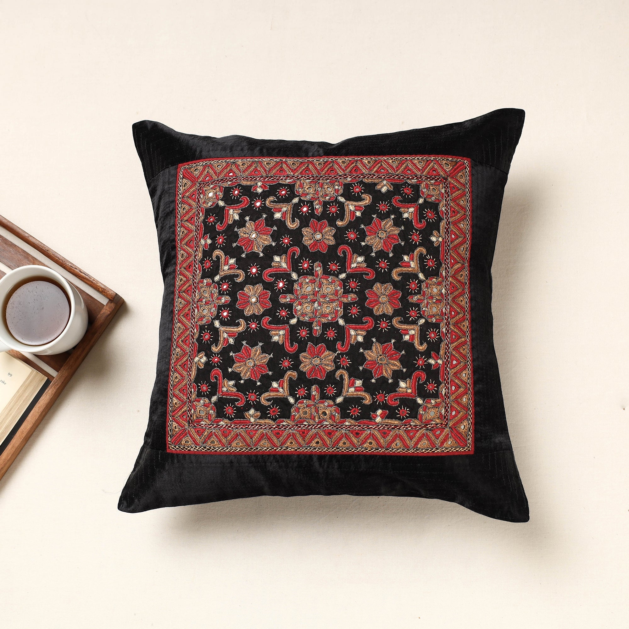 QASAB Black - Kutch Pakko Hand Embroidery Mashru Silk Cushion Cover (16 x 16 in)