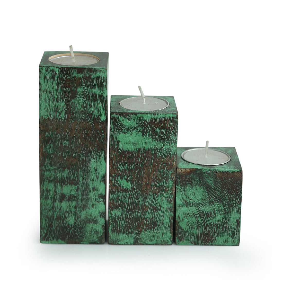 EXCLUSIVELANE 'Teal Blocks' Antique Finish Mango Wood Tea Light Holders (Set of 3) - view 2