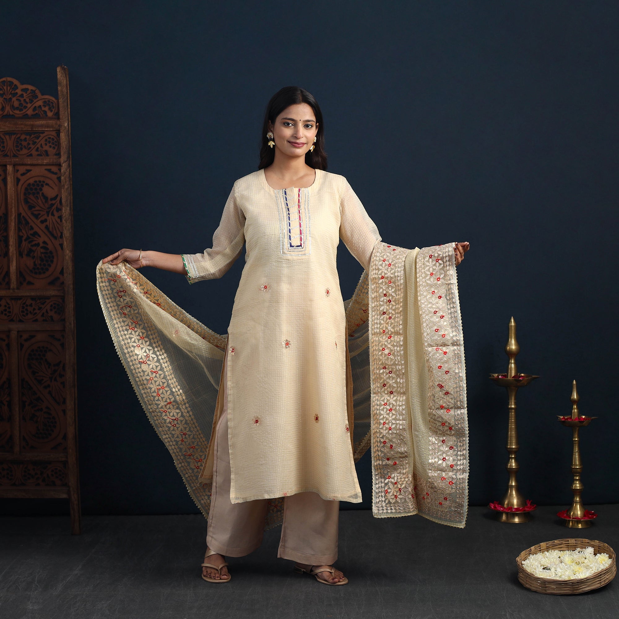 ITOKRI CASUALS Beige - Elegant Gota Work Silk Kota Doria Kurta Set 10