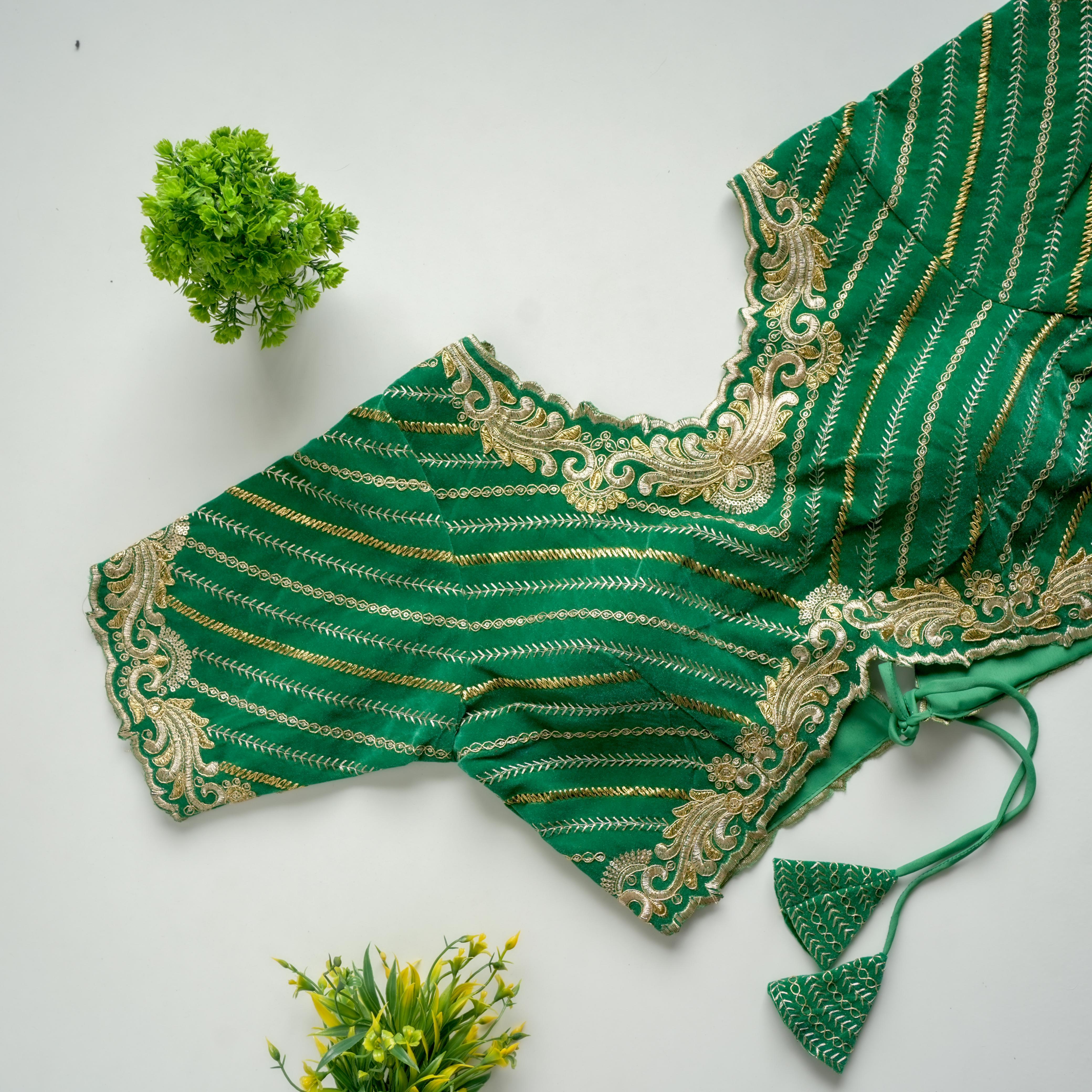 ClothsVilla Green Taffeta Silk Blouse with Golden Embroidery and Sequins