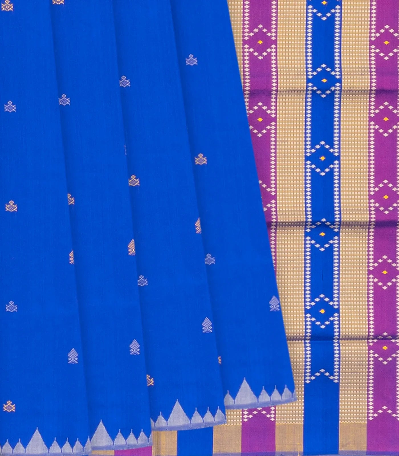 RmKV Blue Handloom Orissa Silk Saree With Spearhead Motifs & Temple Border-Blue